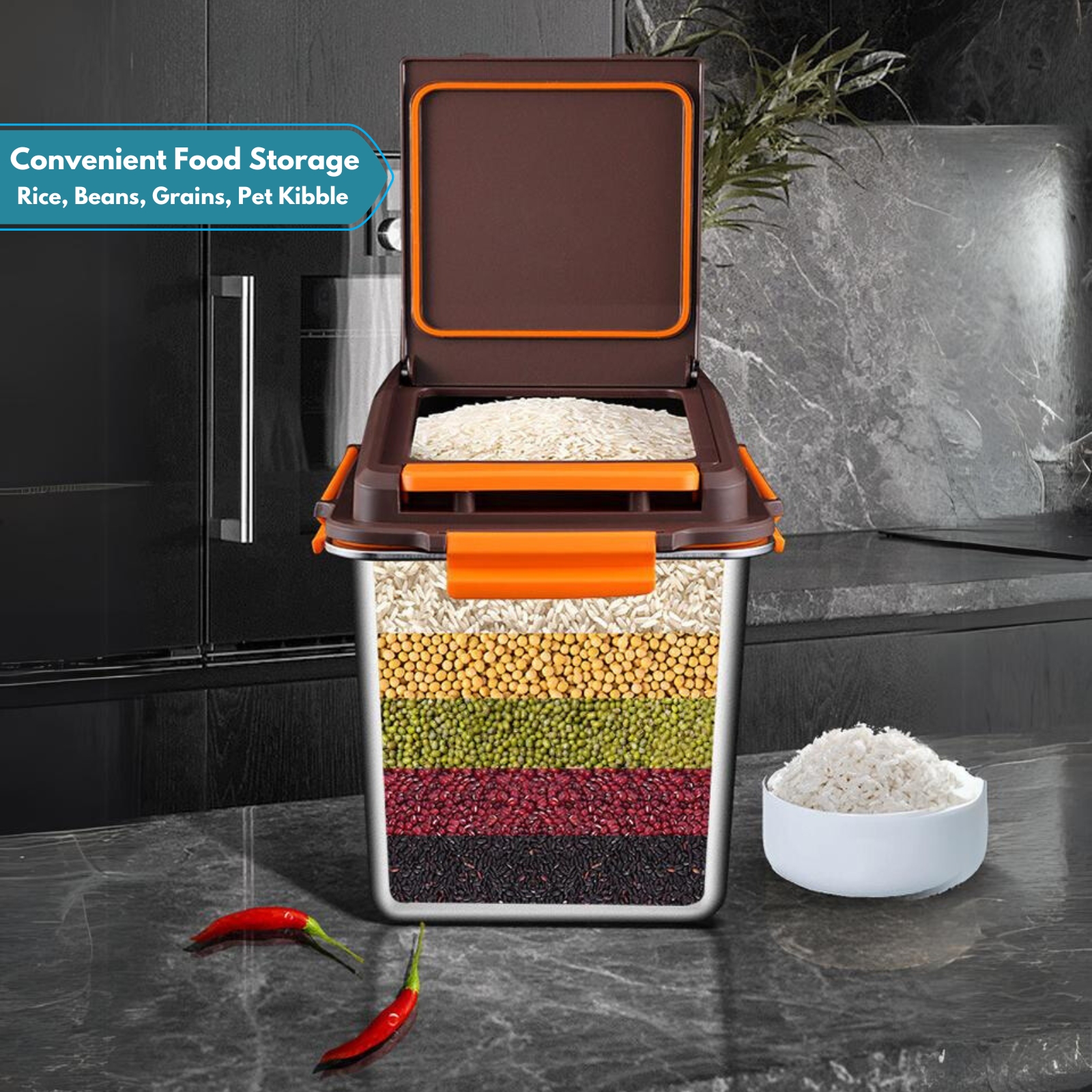 Amark Kitchen Collection Stainless Steel Rice Stocker Box 10kg - Push-Button Flip Top Lid & Measuring Cup