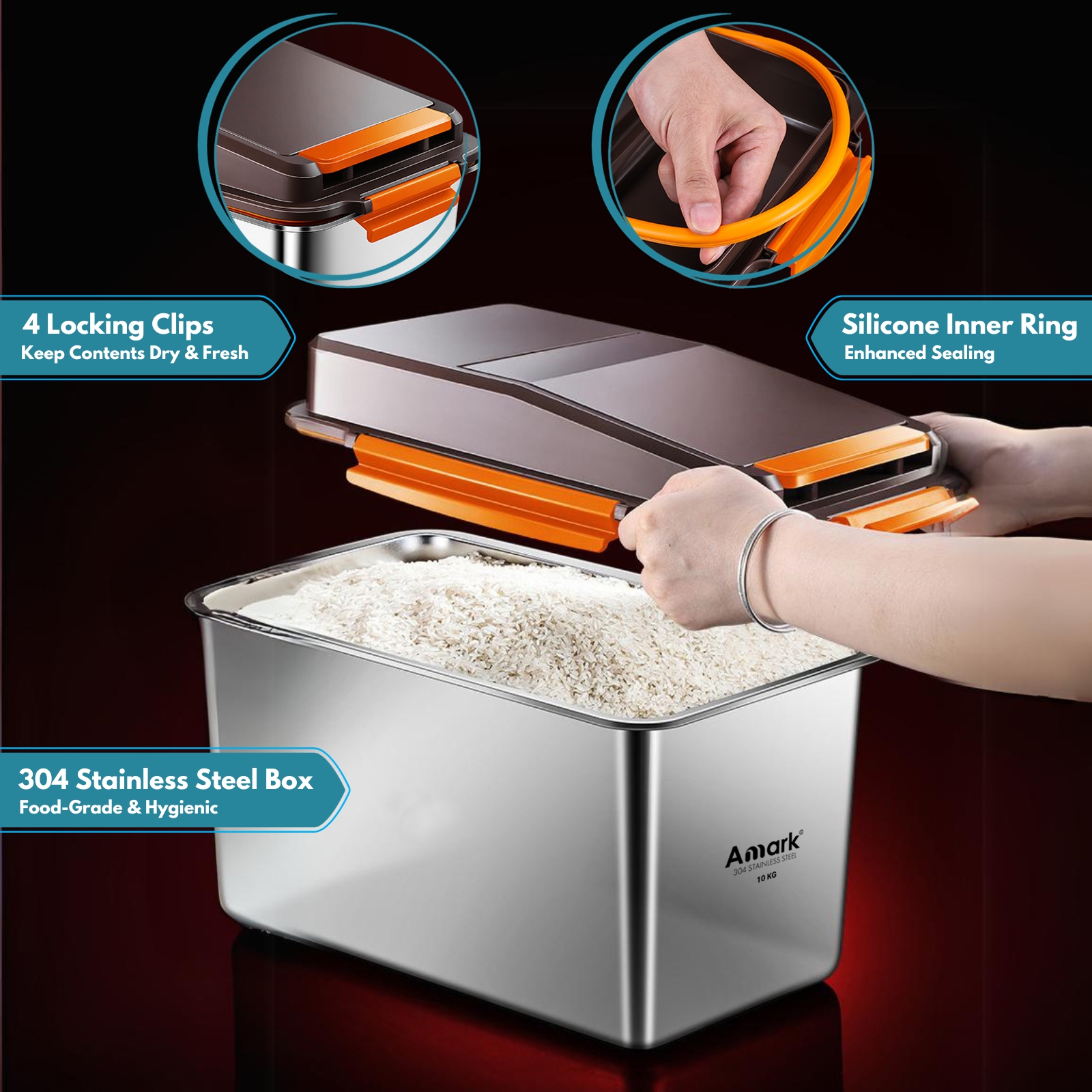 Amark Kitchen Collection Stainless Steel Rice Stocker Box 10kg - Push-Button Flip Top Lid & Measuring Cup