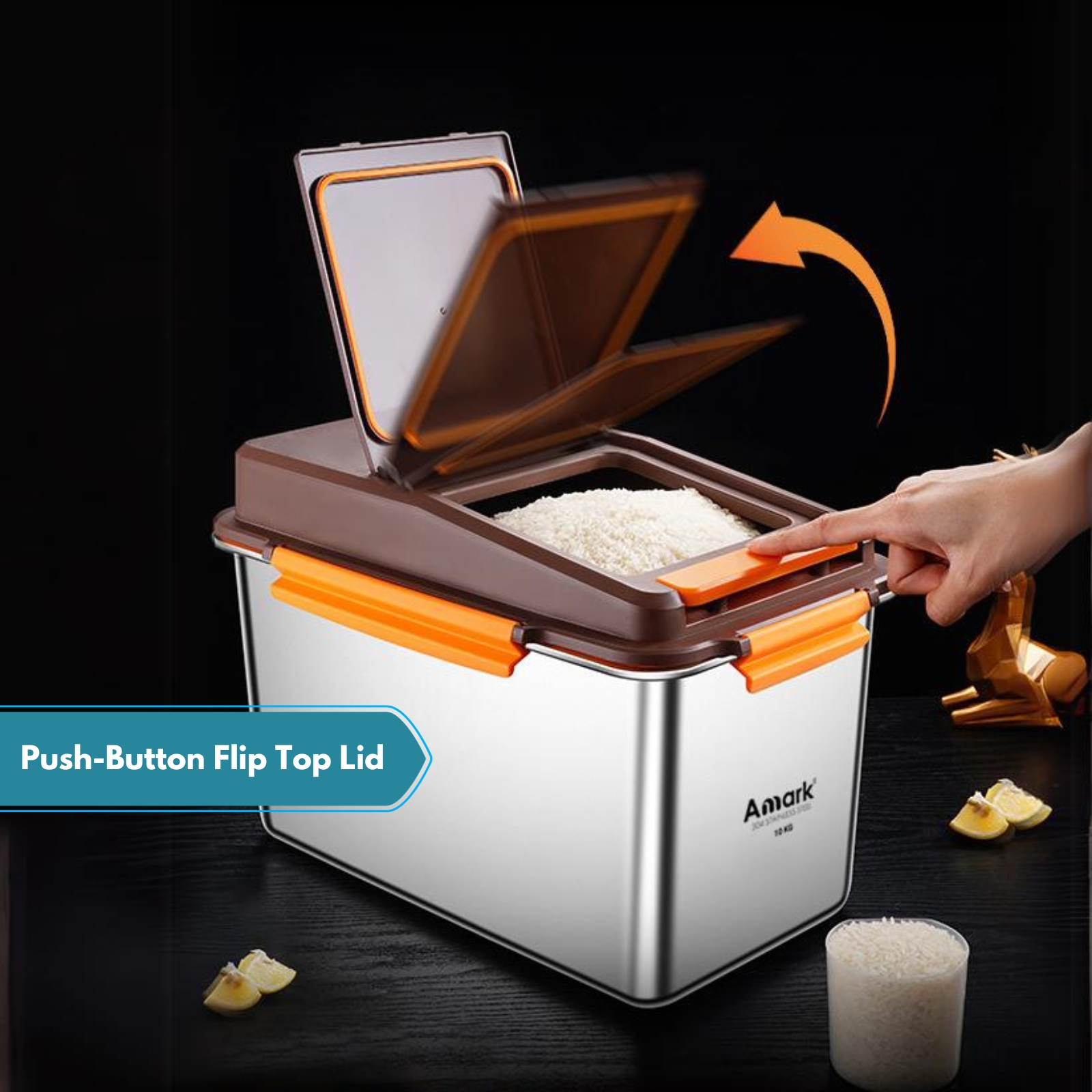 Amark Kitchen Collection Stainless Steel Rice Stocker Box 10kg - Push-Button Flip Top Lid & Measuring Cup