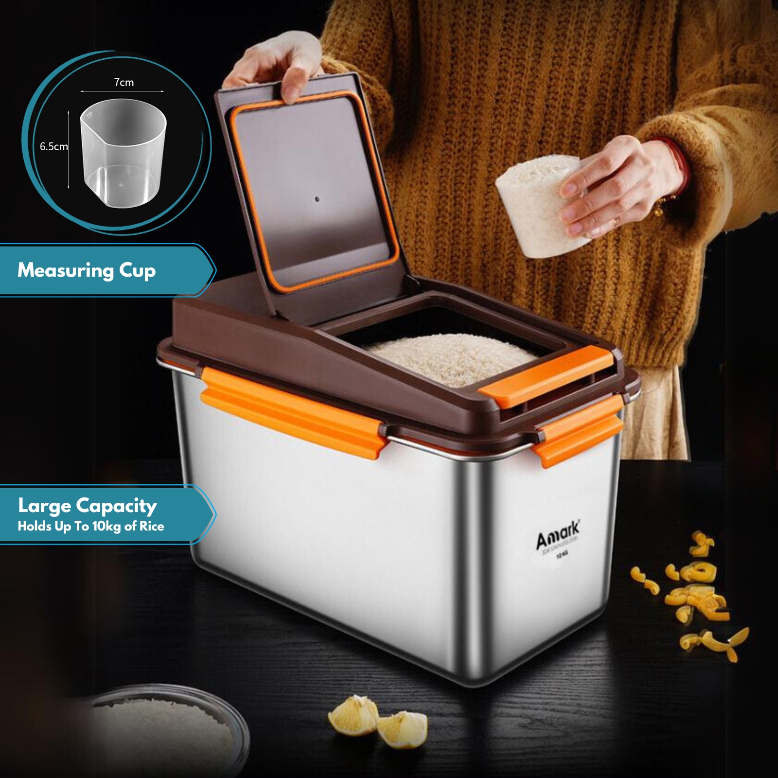 Amark Kitchen Collection Stainless Steel Rice Stocker Box 10kg - Push-Button Flip Top Lid & Measuring Cup
