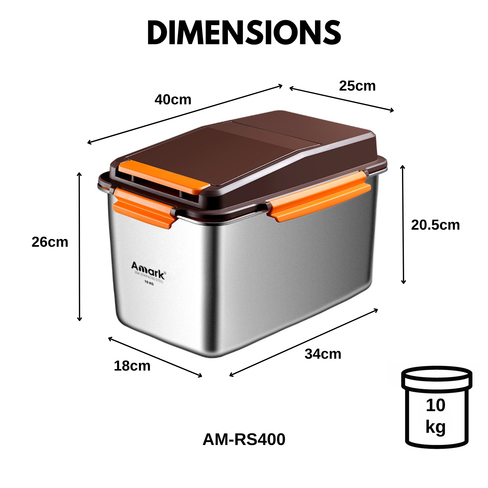 Amark Kitchen Collection Stainless Steel Rice Stocker Box 10kg - Push-Button Flip Top Lid & Measuring Cup