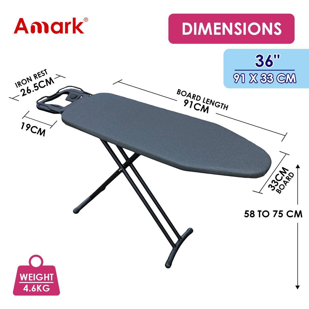 Amark Premium High Heat-Resistant T-Leg Ironing Board with Enhanced Iron Rest - 2 Sizes 36" & 42"