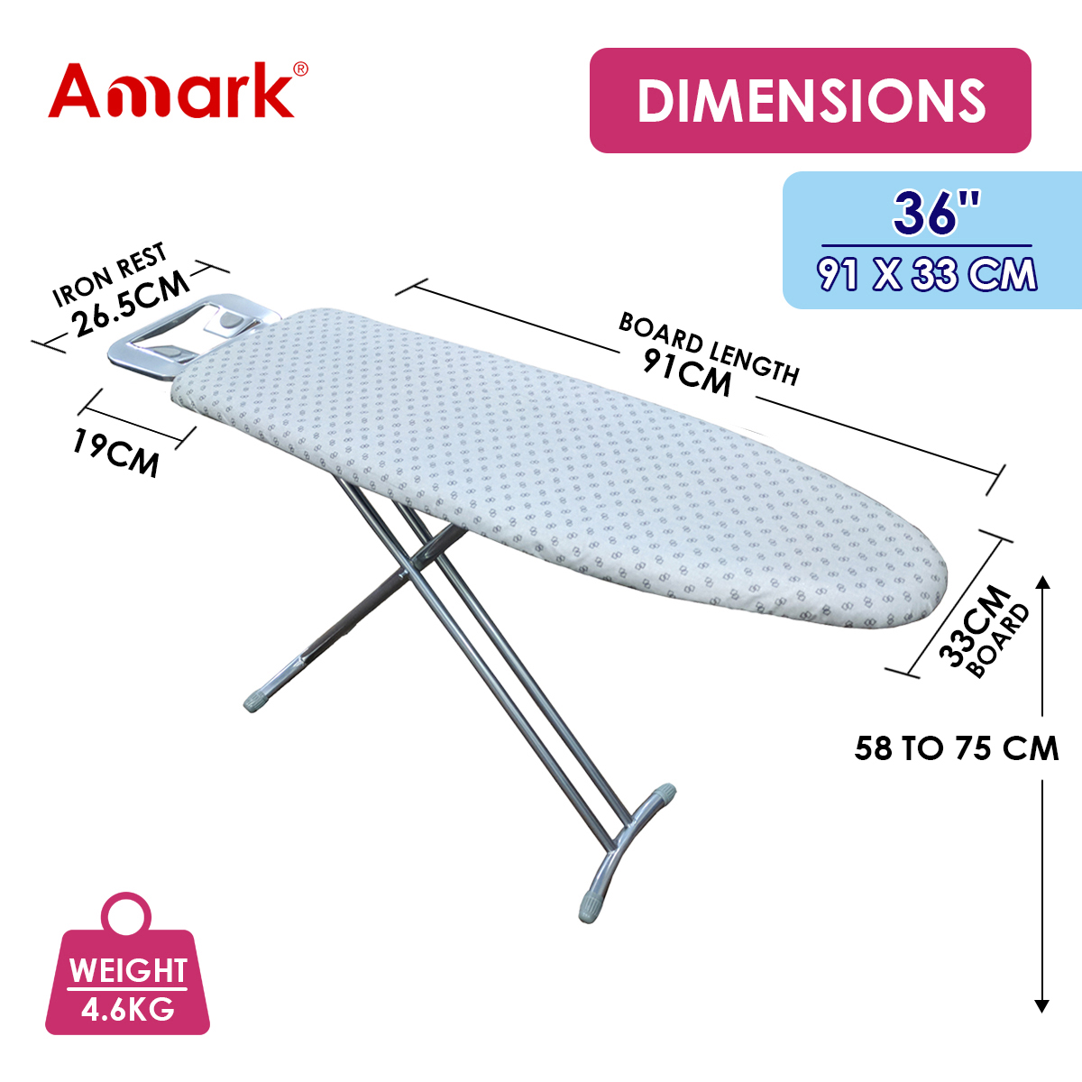Amark Premium High Heat-Resistant T-Leg Ironing Board with Enhanced Iron Rest - 2 Sizes 36" & 42"