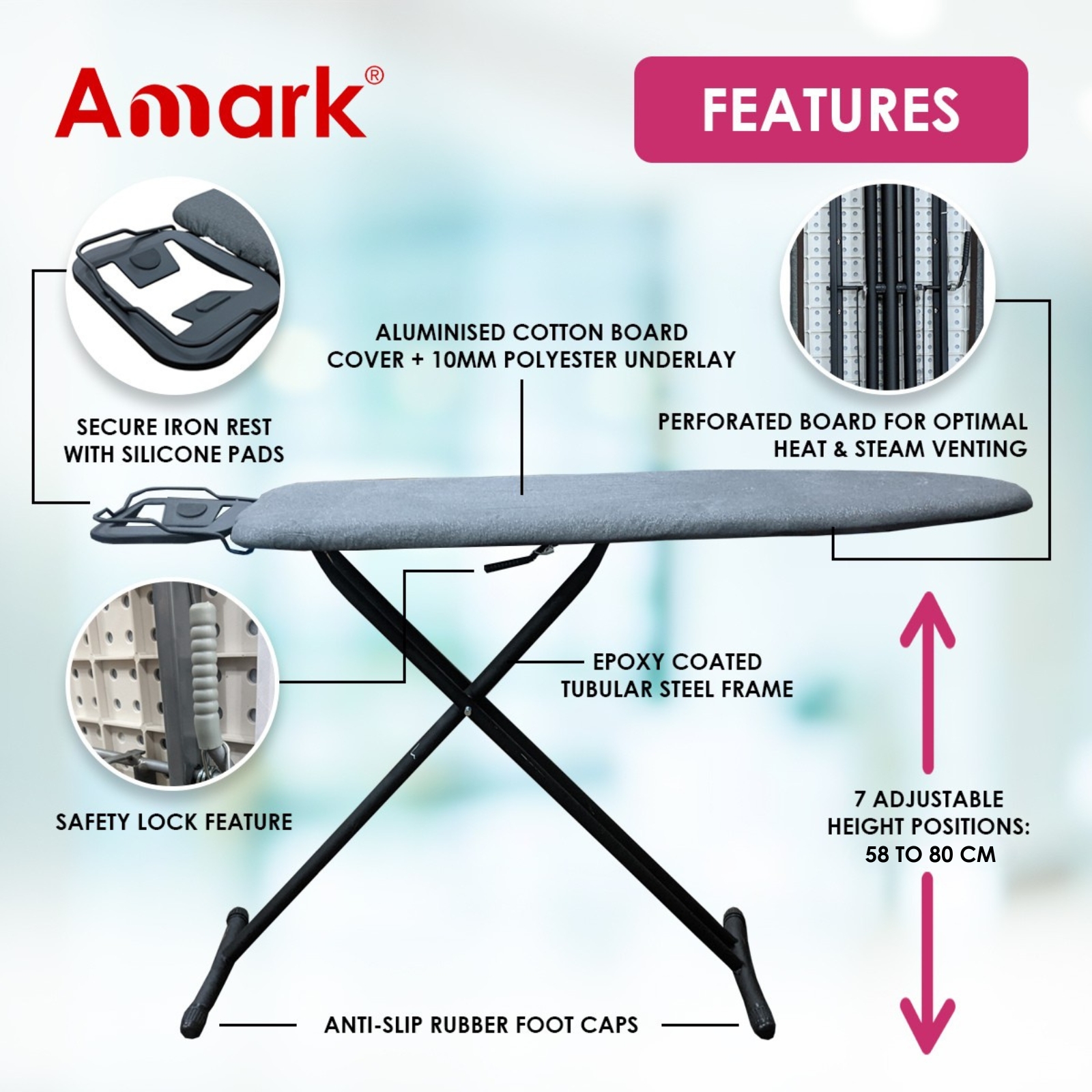 Amark Premium High Heat-Resistant T-Leg Ironing Board with Enhanced Iron Rest - 2 Sizes 36" & 42"