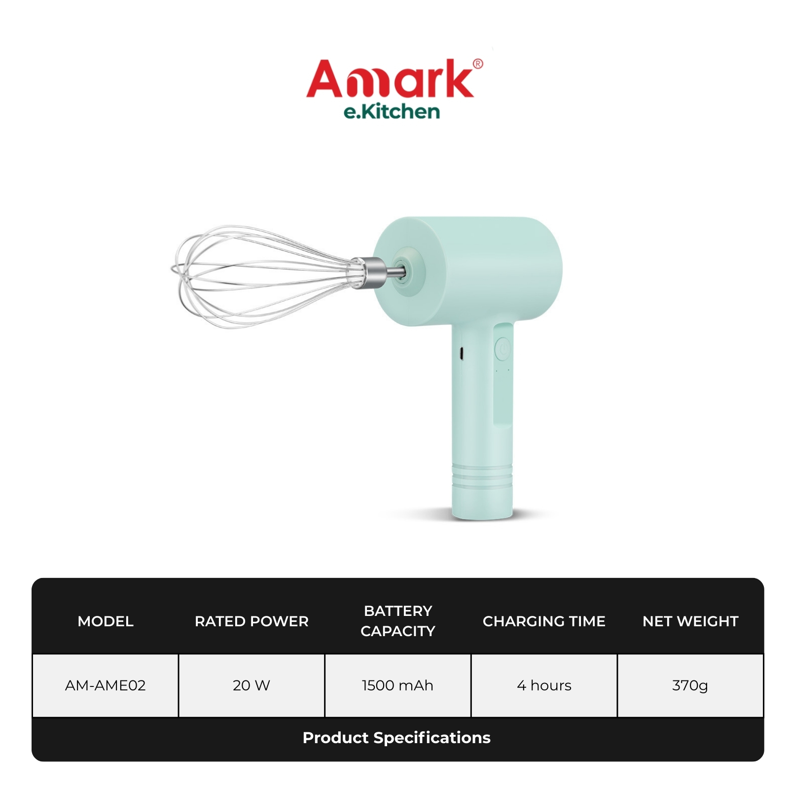Amark e.Kitchen Cordless USB-Rechargeable Multi-Use Mixer & Scrubber - 5pc Attachments Set