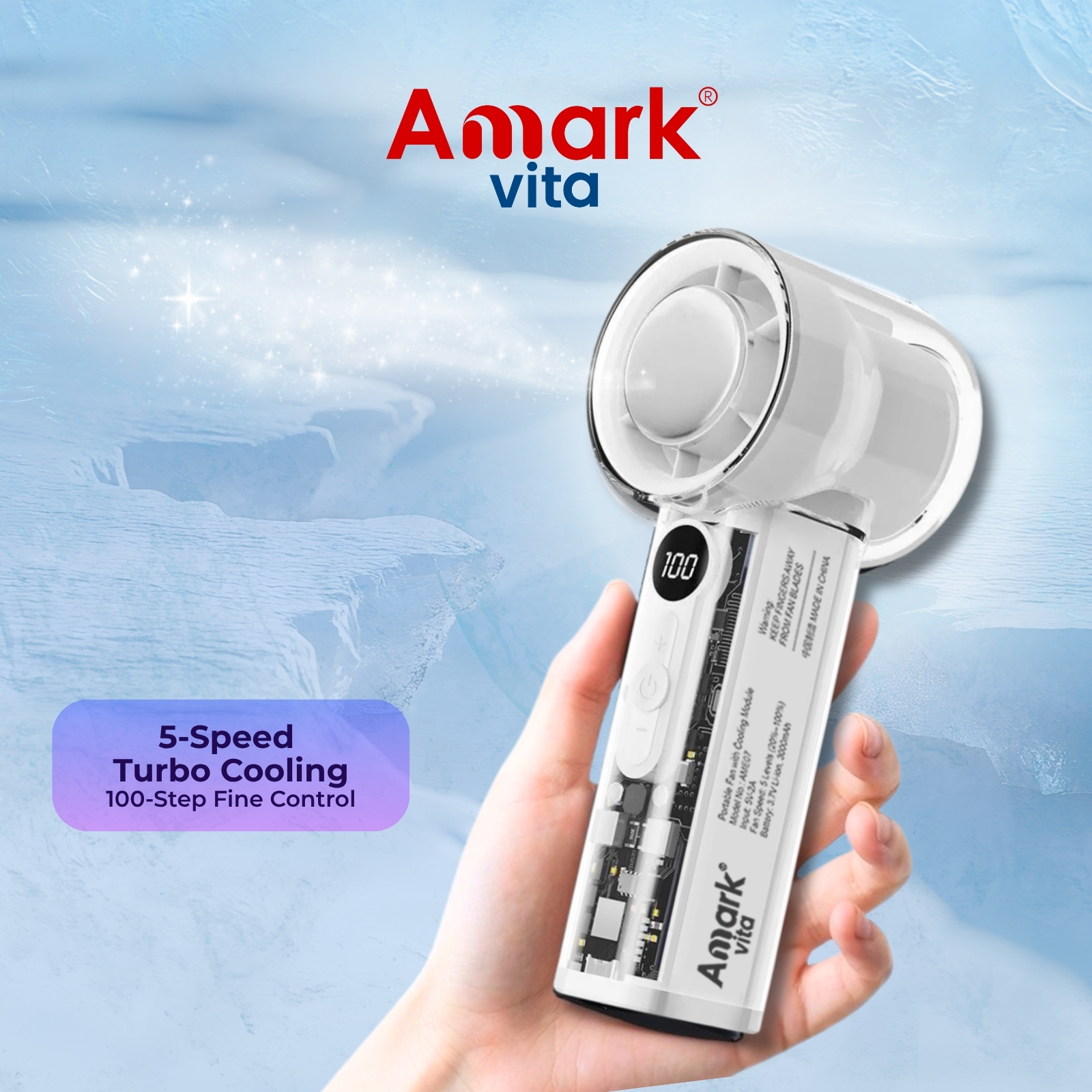 Amark Vita Mini Portable Fan | LCD Display | 5-Speed Turbo Cooling | USB Rechargeable 3000mAh