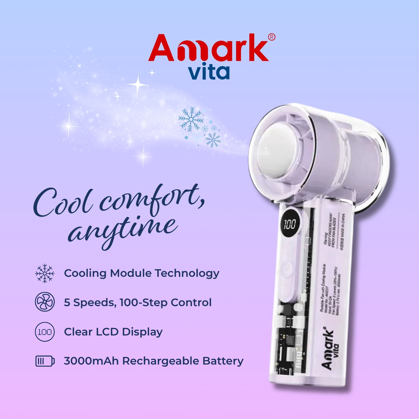 Amark Vita Mini Portable Fan | LCD Display | 5-Speed Turbo Cooling | USB Rechargeable 3000mAh