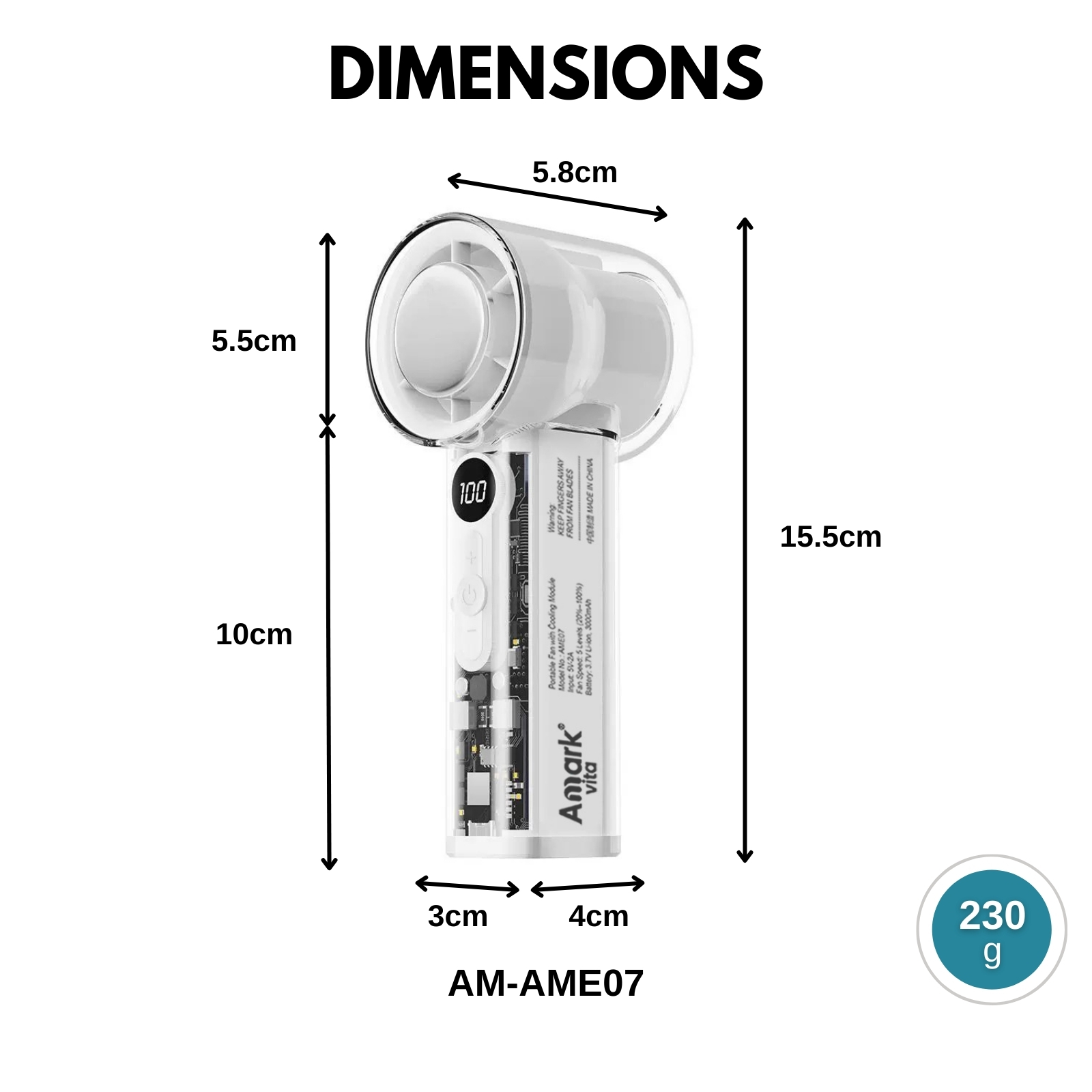 Amark Vita Mini Portable Fan | LCD Display | 5-Speed Turbo Cooling | USB Rechargeable 3000mAh