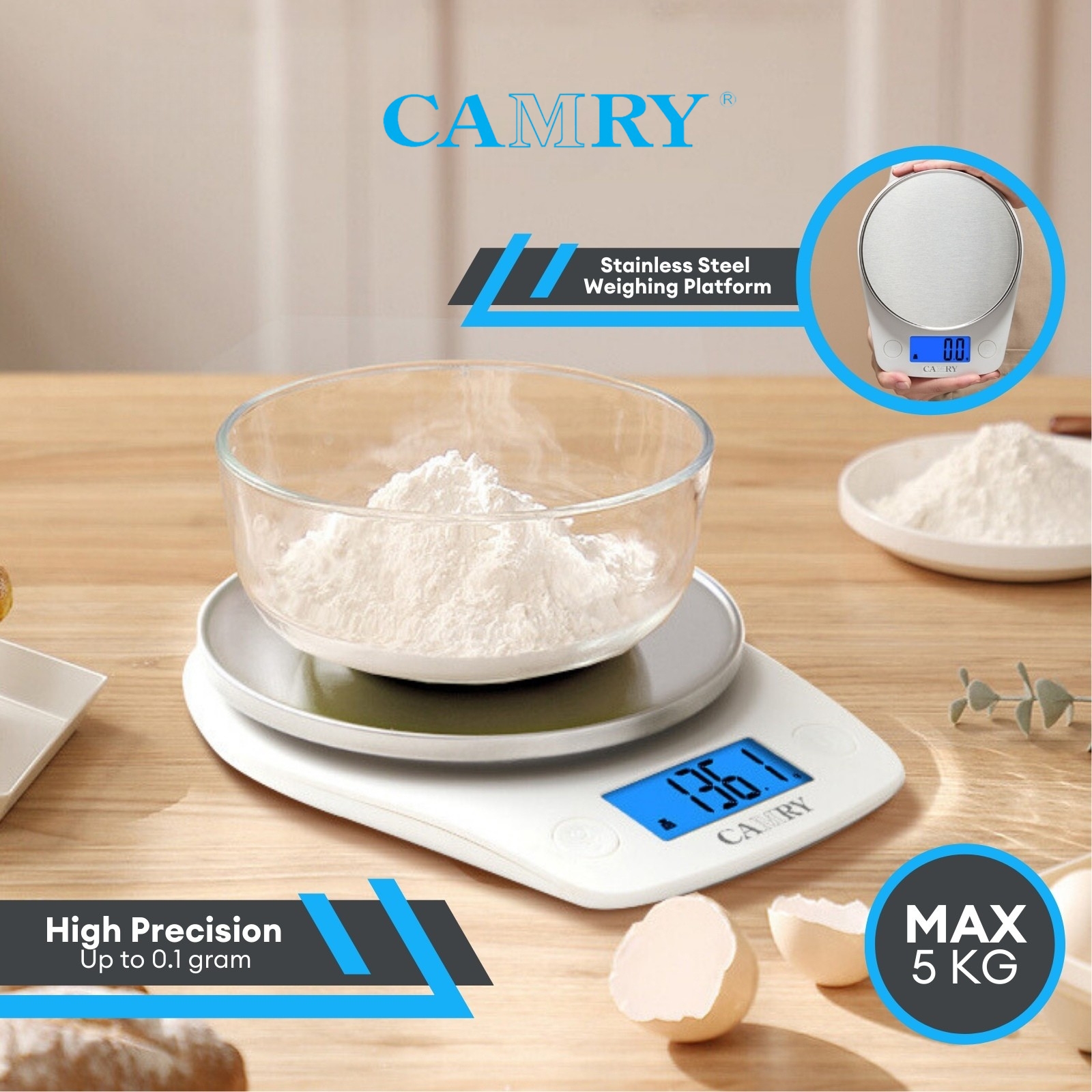 Camry Digital Kitchen Scale 5kg with Stainless Steel Weighing Platform - Measure Liquids & High Precision Up to 0.1g