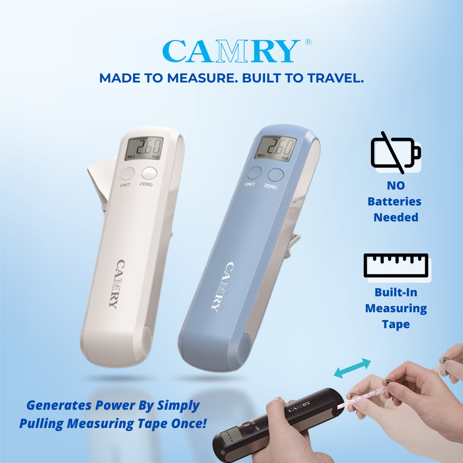 Camry 2-in-1 Luggage Scale – No Battery Needed | Pull to Power | Built-in Measuring Tape (50kg Max)