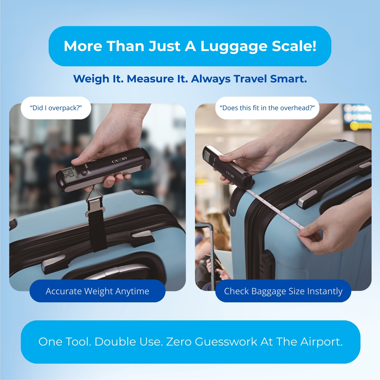 Camry 2-in-1 Luggage Scale – No Battery Needed | Pull to Power | Built-in Measuring Tape (50kg Max)