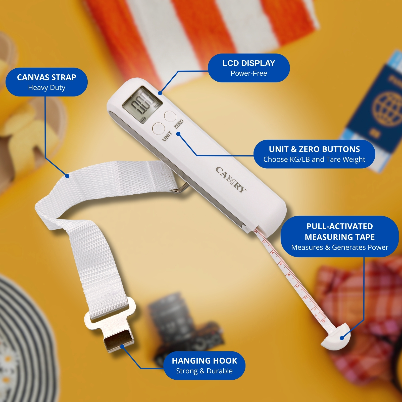 Camry 2-in-1 Luggage Scale – No Battery Needed | Pull to Power | Built-in Measuring Tape (50kg Max)