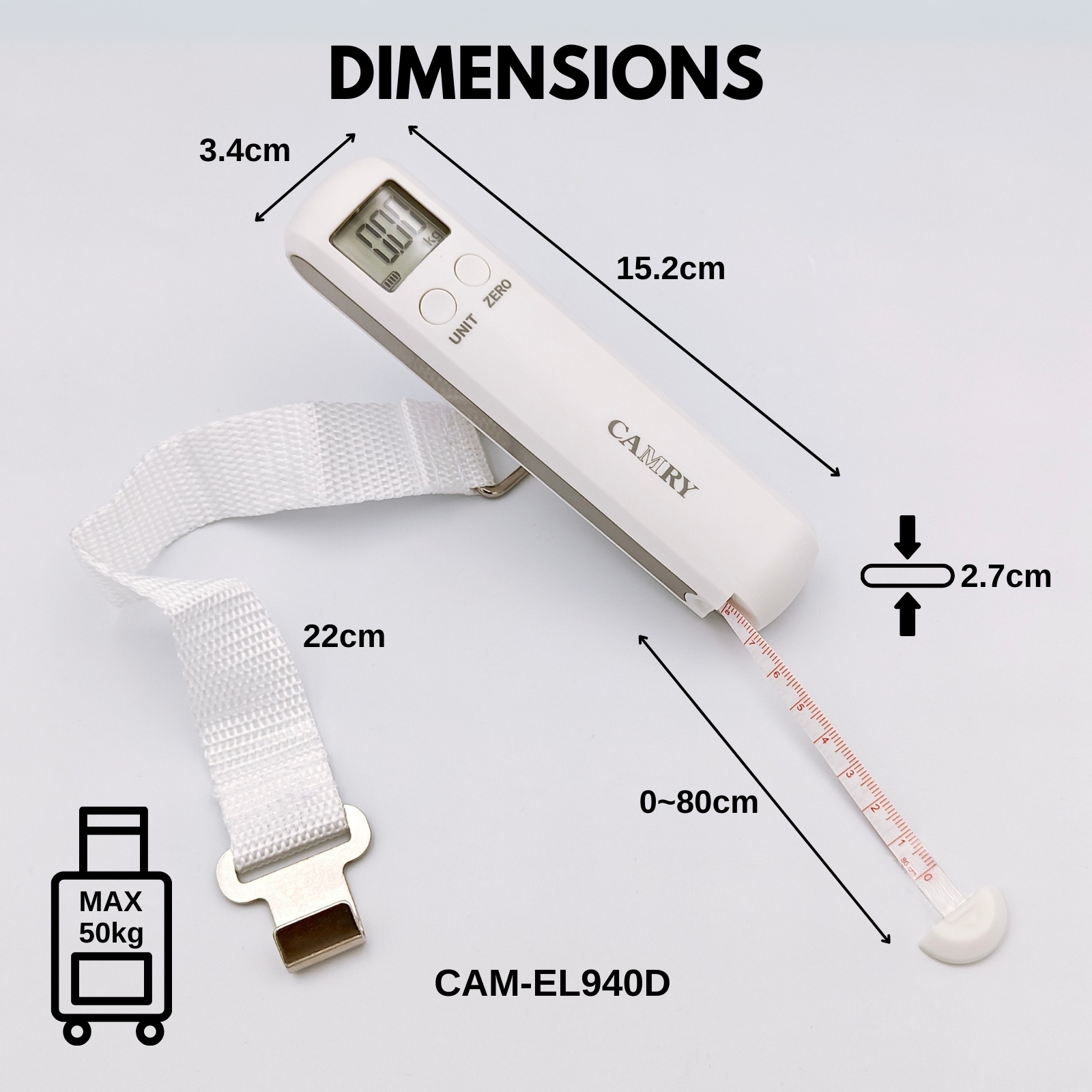 Camry 2-in-1 Luggage Scale – No Battery Needed | Pull to Power | Built-in Measuring Tape (50kg Max)