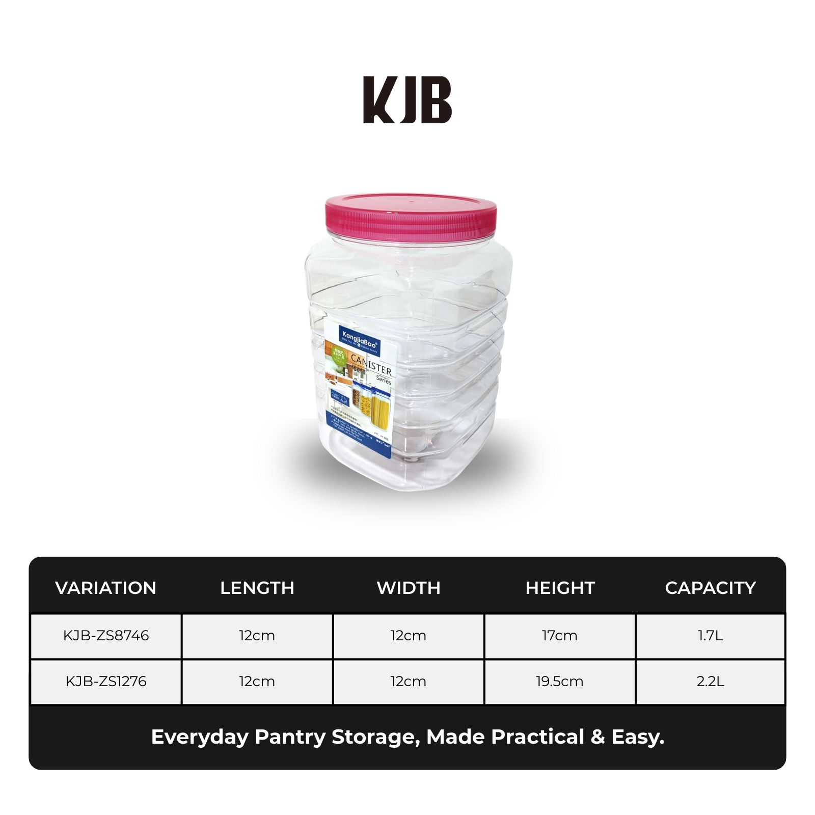 KJB PET Plastic Food Storage Container Canister - Cookies, Snacks & Dry Food - 1.7L/2.2L