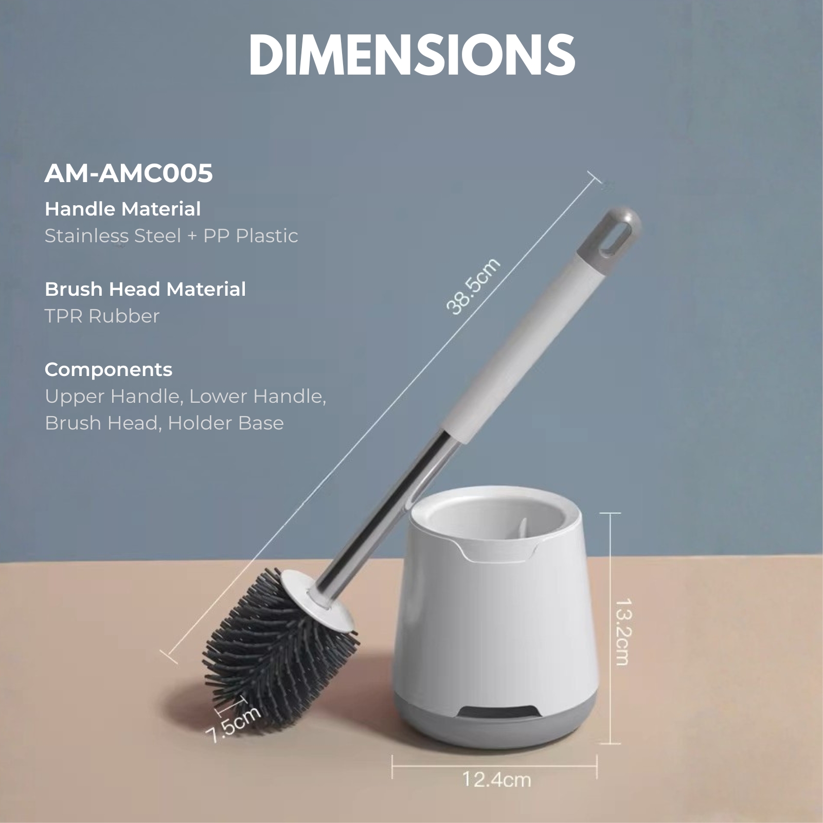 Amark Toilet Brush Set with Stainless Steel Handle, Ventilated Holder & TPR Bristles - Wall or Floor