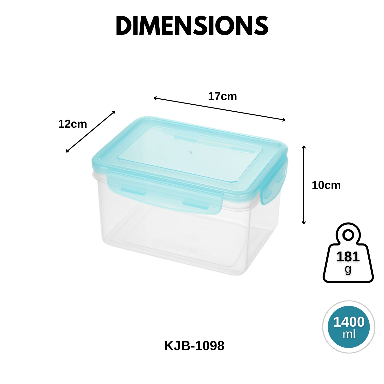 KJB Rectangular Airtight Crisper Food Storage Container with 4-Sided Locking Clips