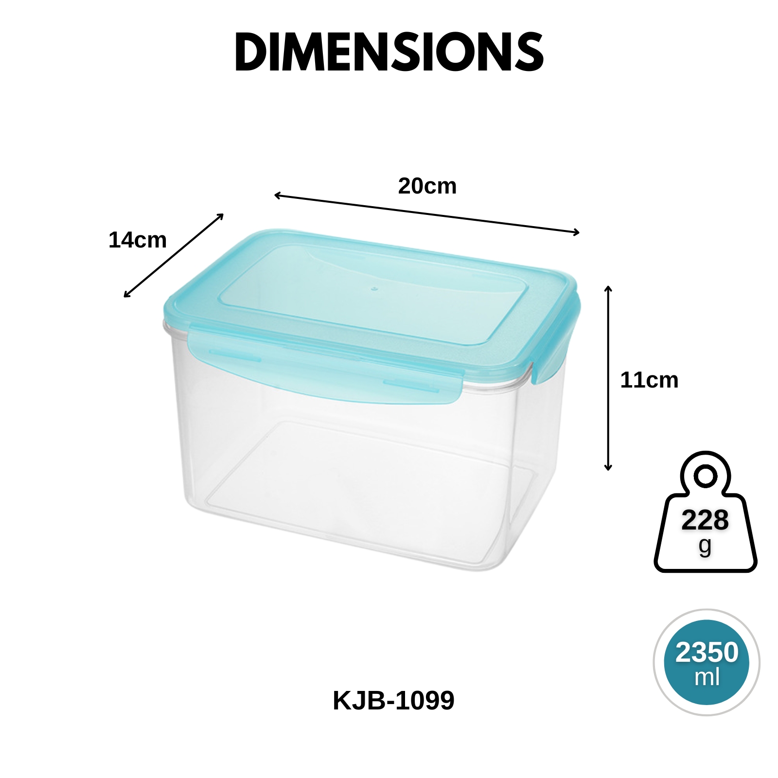 KJB Rectangular Airtight Crisper Food Storage Container with 4-Sided Locking Clips