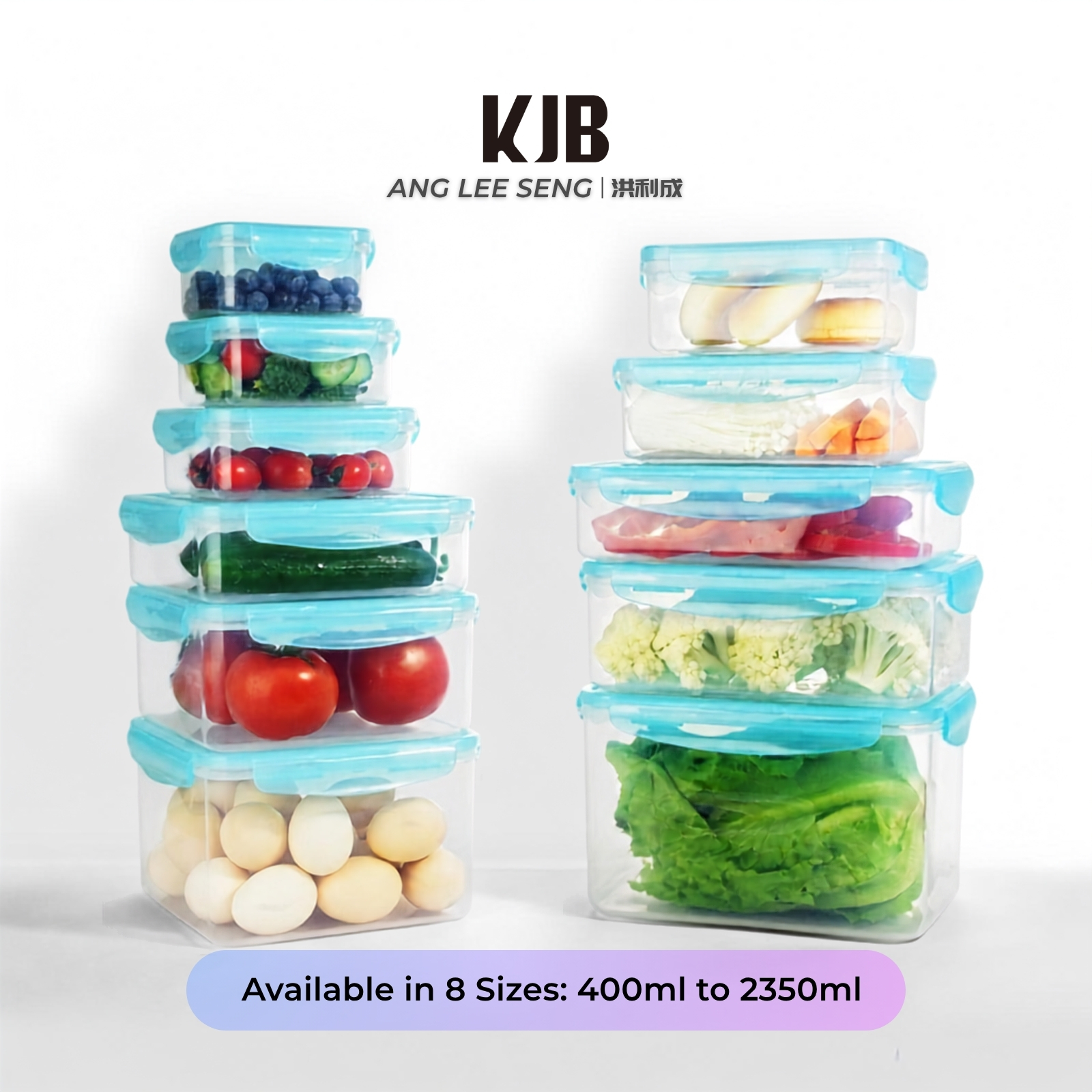 KJB Rectangular Airtight Crisper Food Storage Container with 4-Sided Locking Clips