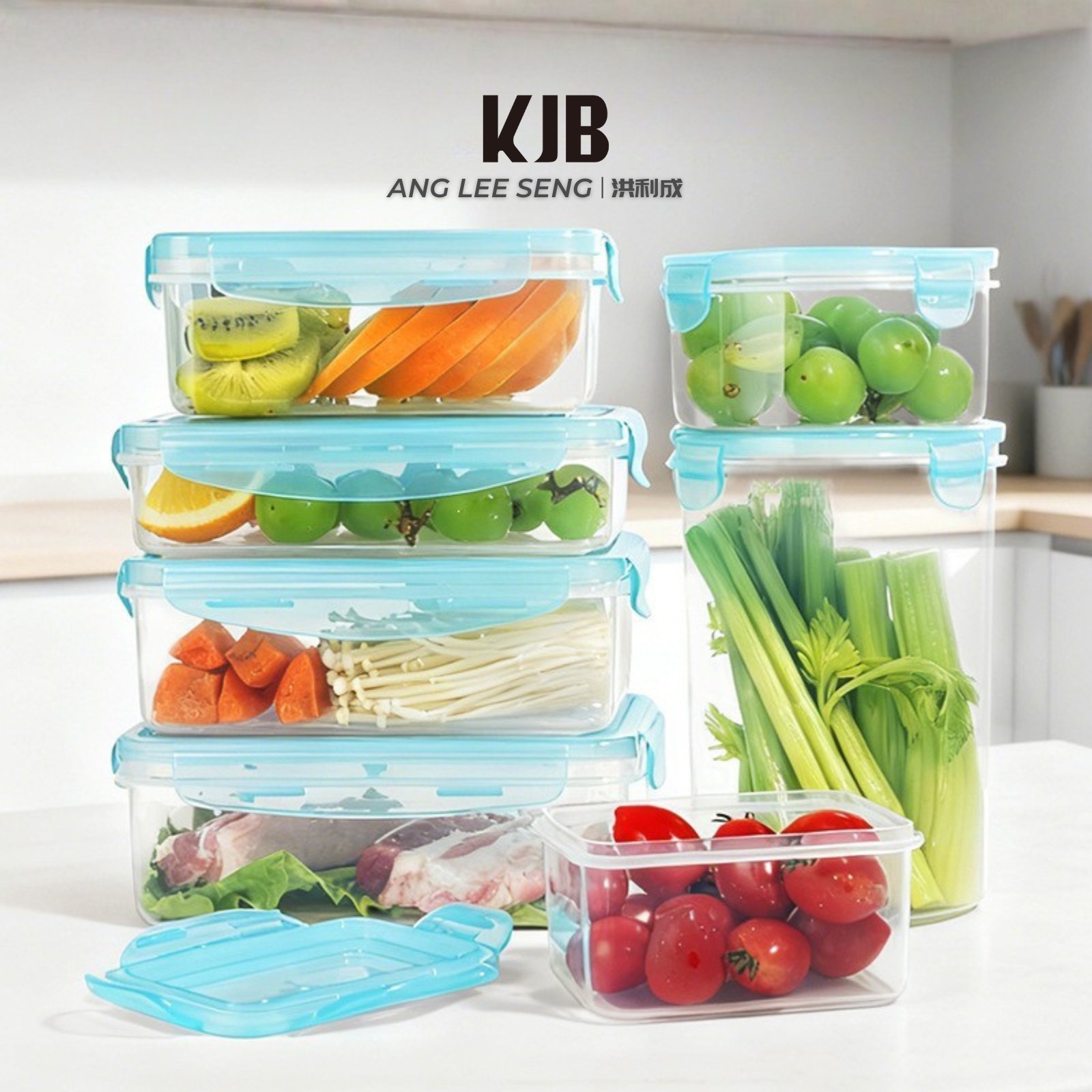 KJB Rectangular Airtight Crisper Food Storage Container with 4-Sided Locking Clips
