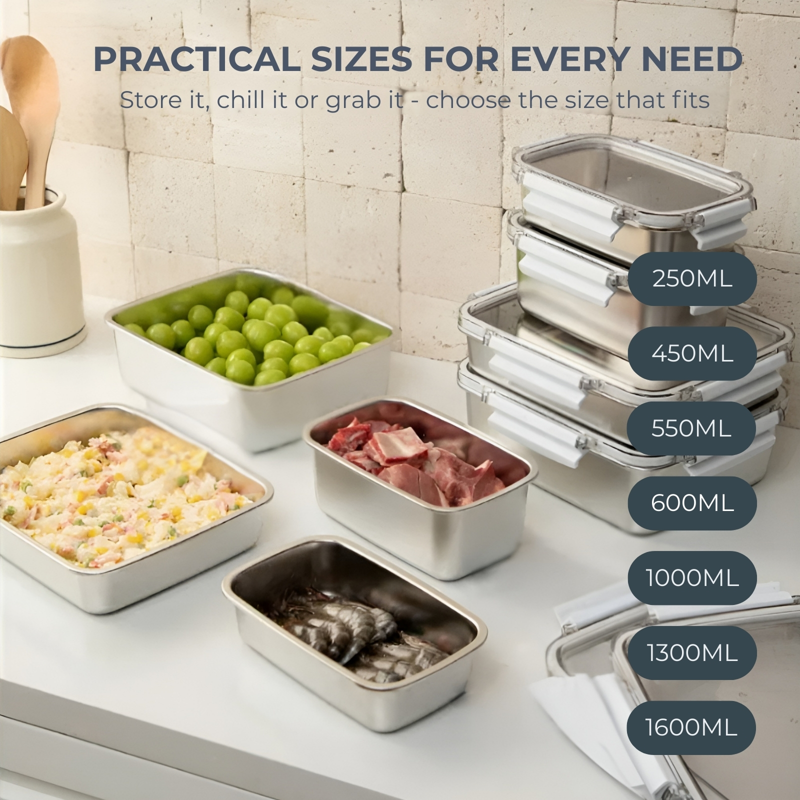 Amark Kitchen Collection 304 Stainless Steel Food Container | 250ML to 1600ML | Leakproof Bento Box