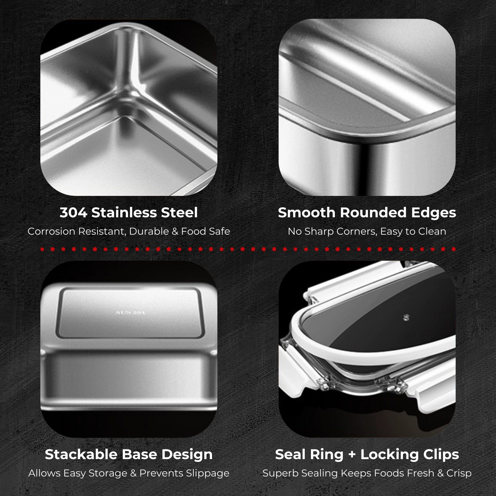 Amark Kitchen Collection 304 Stainless Steel Food Container | 250ML to 1600ML | Leakproof Bento Box