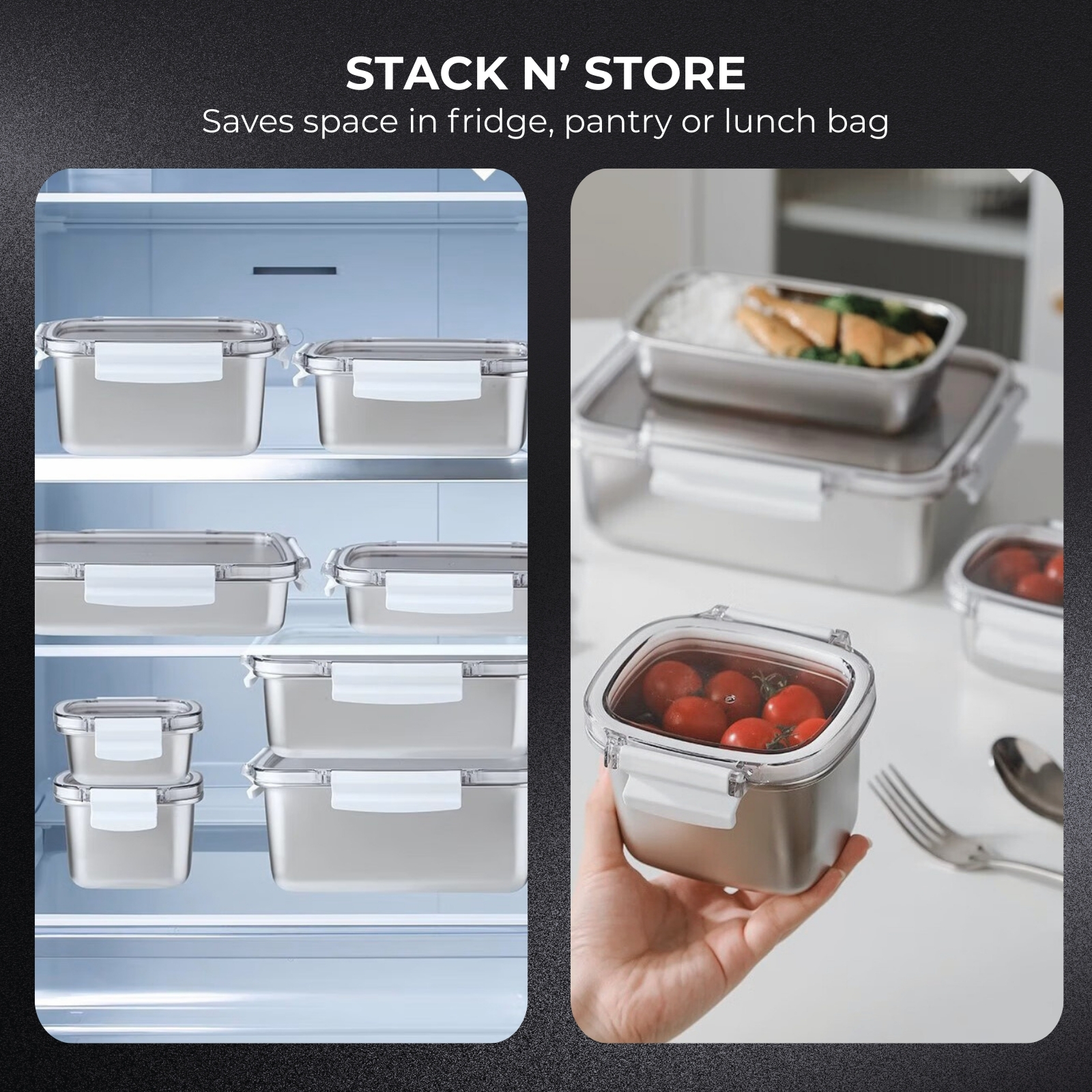 Amark Kitchen Collection 304 Stainless Steel Food Container | 250ML to 1600ML | Leakproof Bento Box