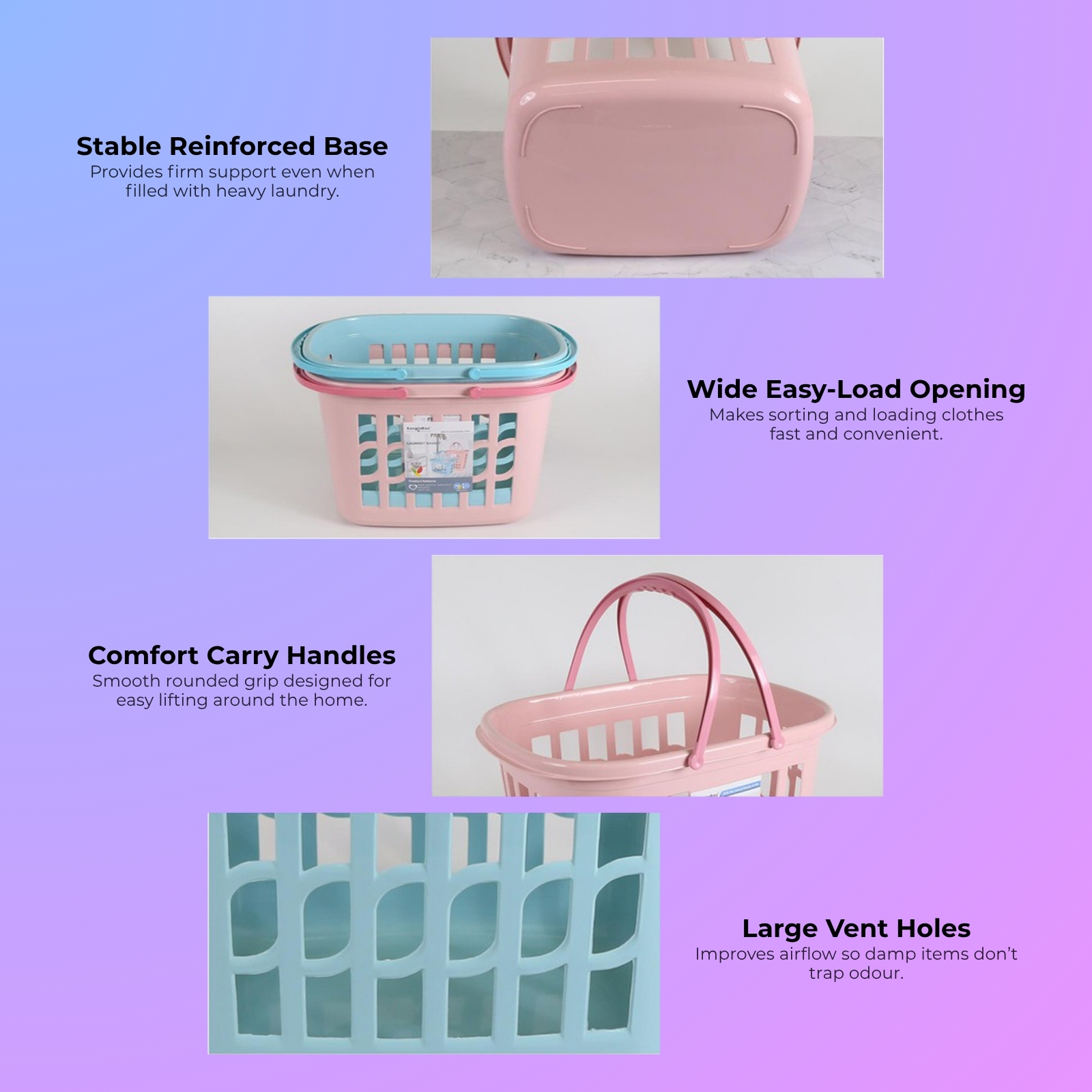 KJB Plastic Laundry Basket & Hamper with Carrying Handles 23L/29L