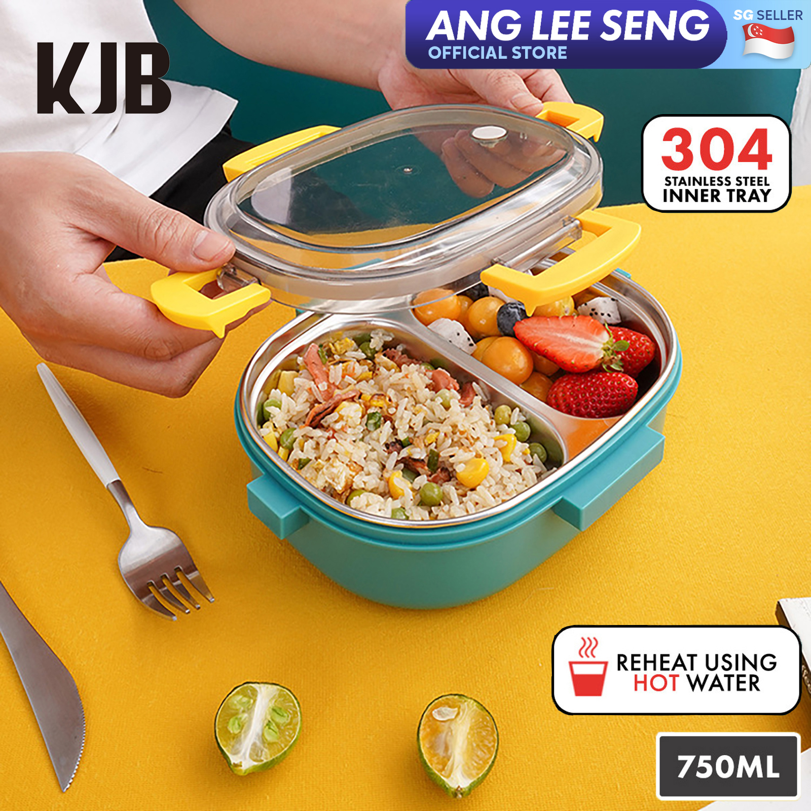 KangjiaBao 2-Compartment Bento Lunch Box with Stainless Steel Inner Tray 750ml - Hot Water Reheatable
