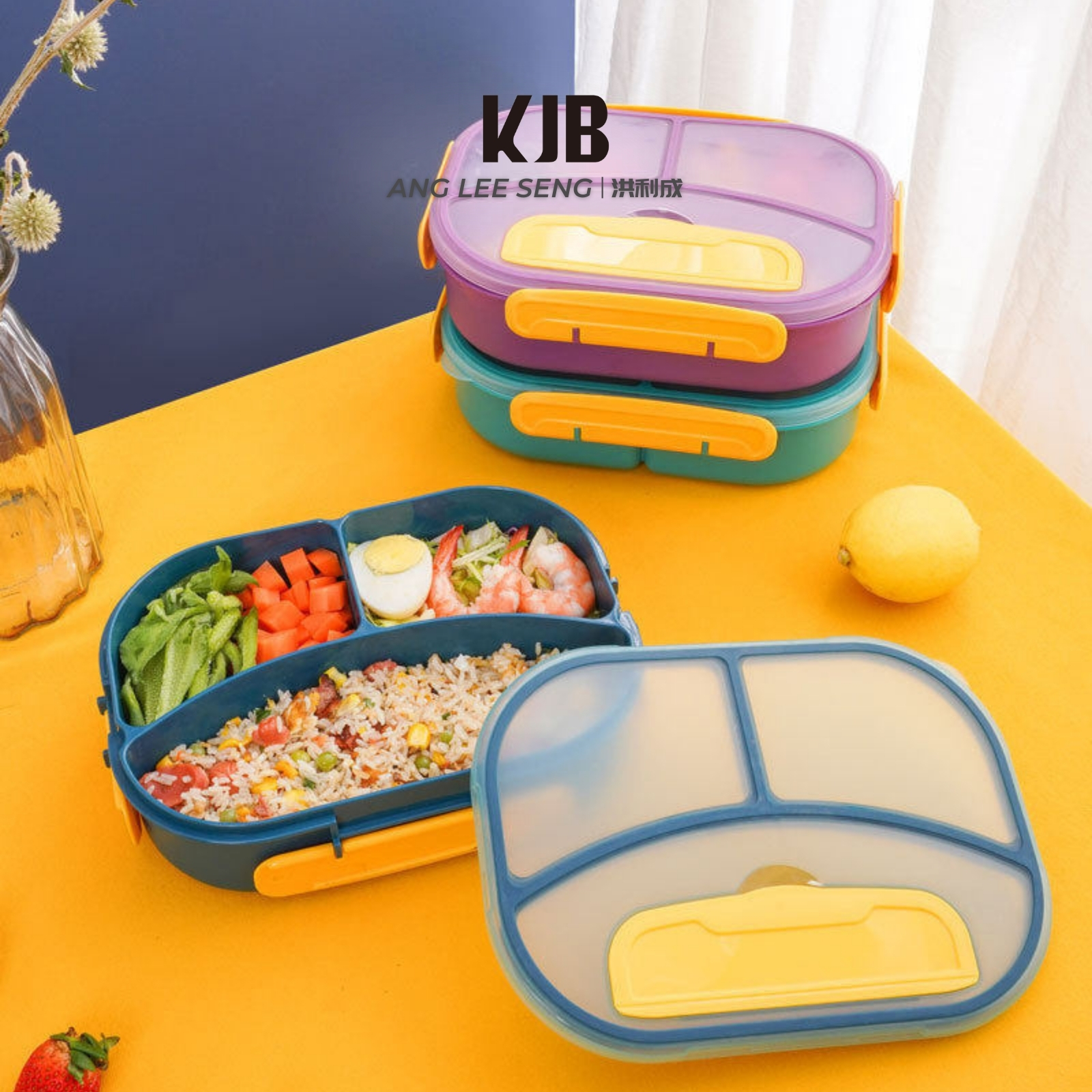 KJB 3-Compartment Bento Lunch Box 1.8L with Spork - Microwavable