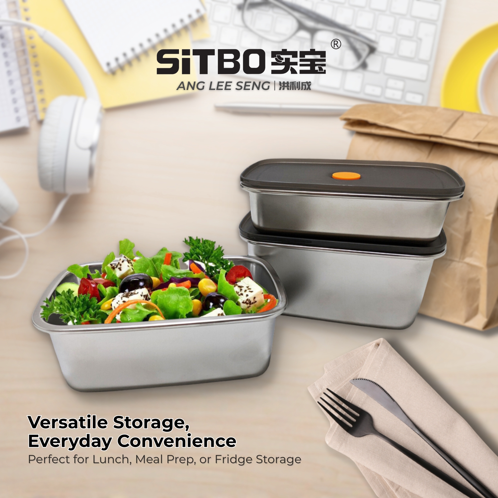 Sitbo 304 Stainless Steel Food Storage Meal Prep Container - Airtight, Stackable, Fridge/Freezer Safe