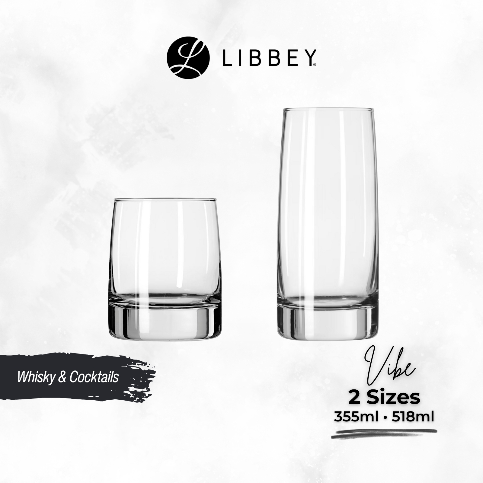 Libbey Vibe 2311 Rocks Whisky Glass 355ml & 2312 Tall Cooler Mixing Glass 518ml - Extra Thick Base