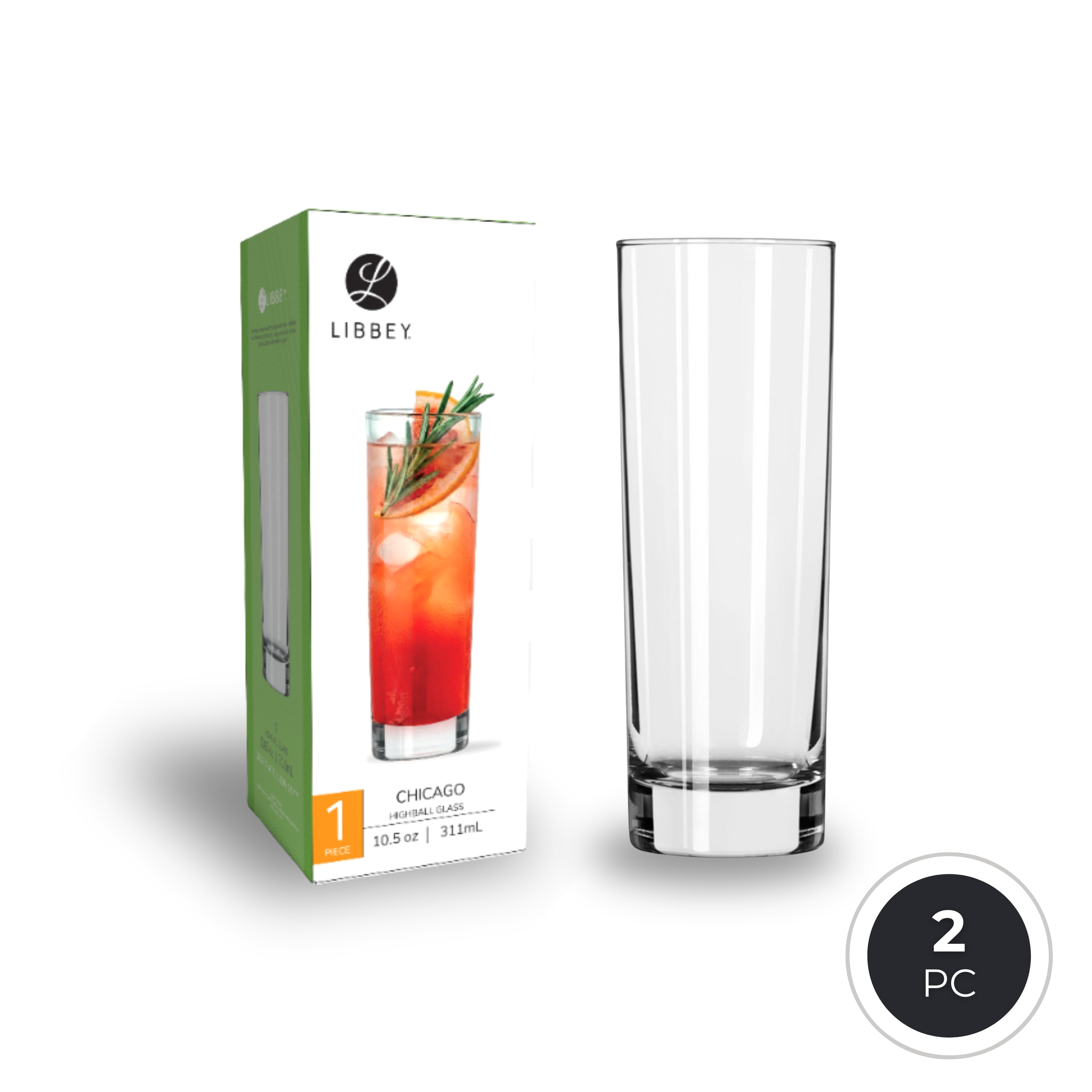 Libbey Chicago 2518 High Ball Glass Tumbler 311ml/10.5oz - For Beverages and Cocktails - 2-pc/6-pc Set