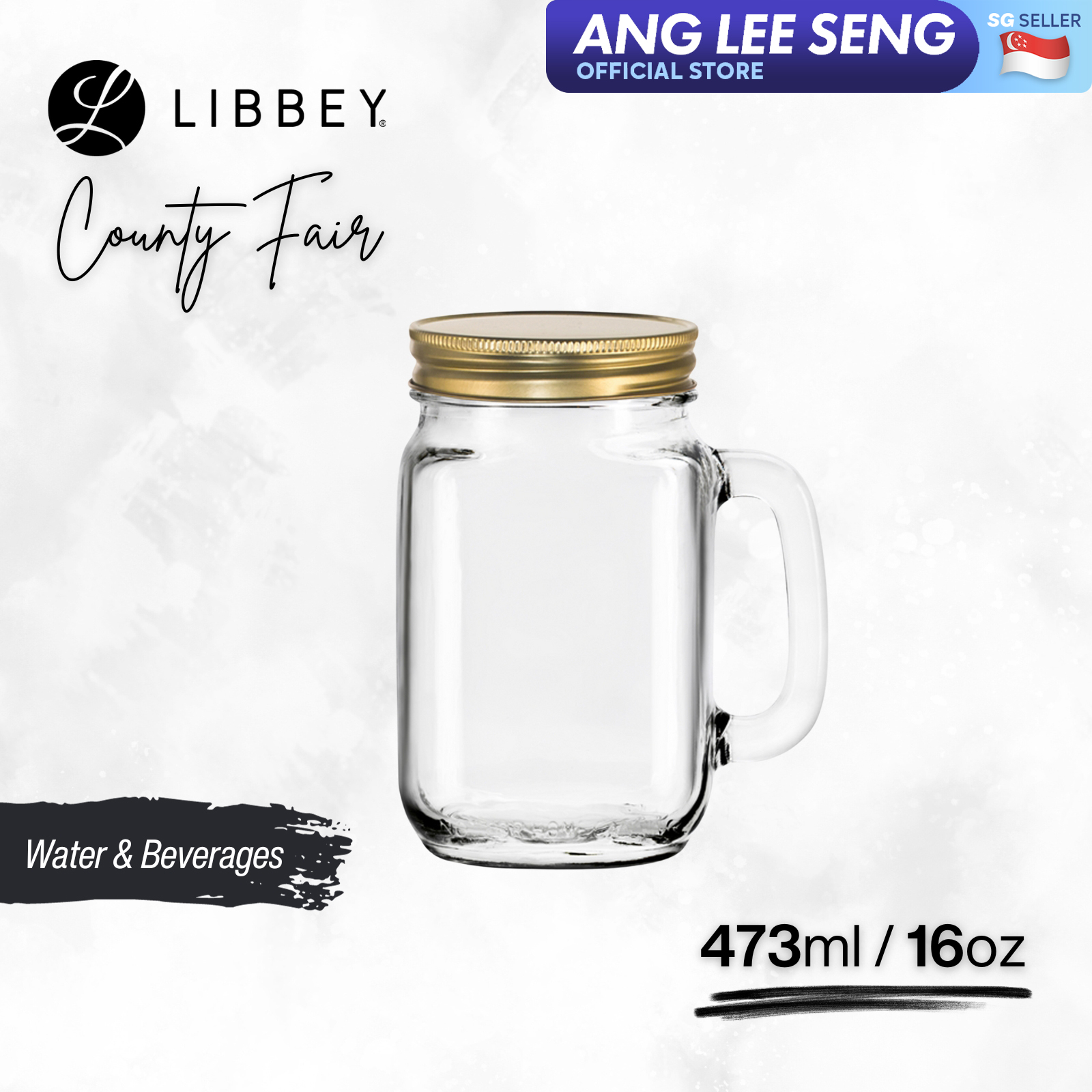 Libbey County Fair 97084 Glass Drinking Mason Jar with Gold Lid 473ml/16oz, 2-pc/6-pc Set