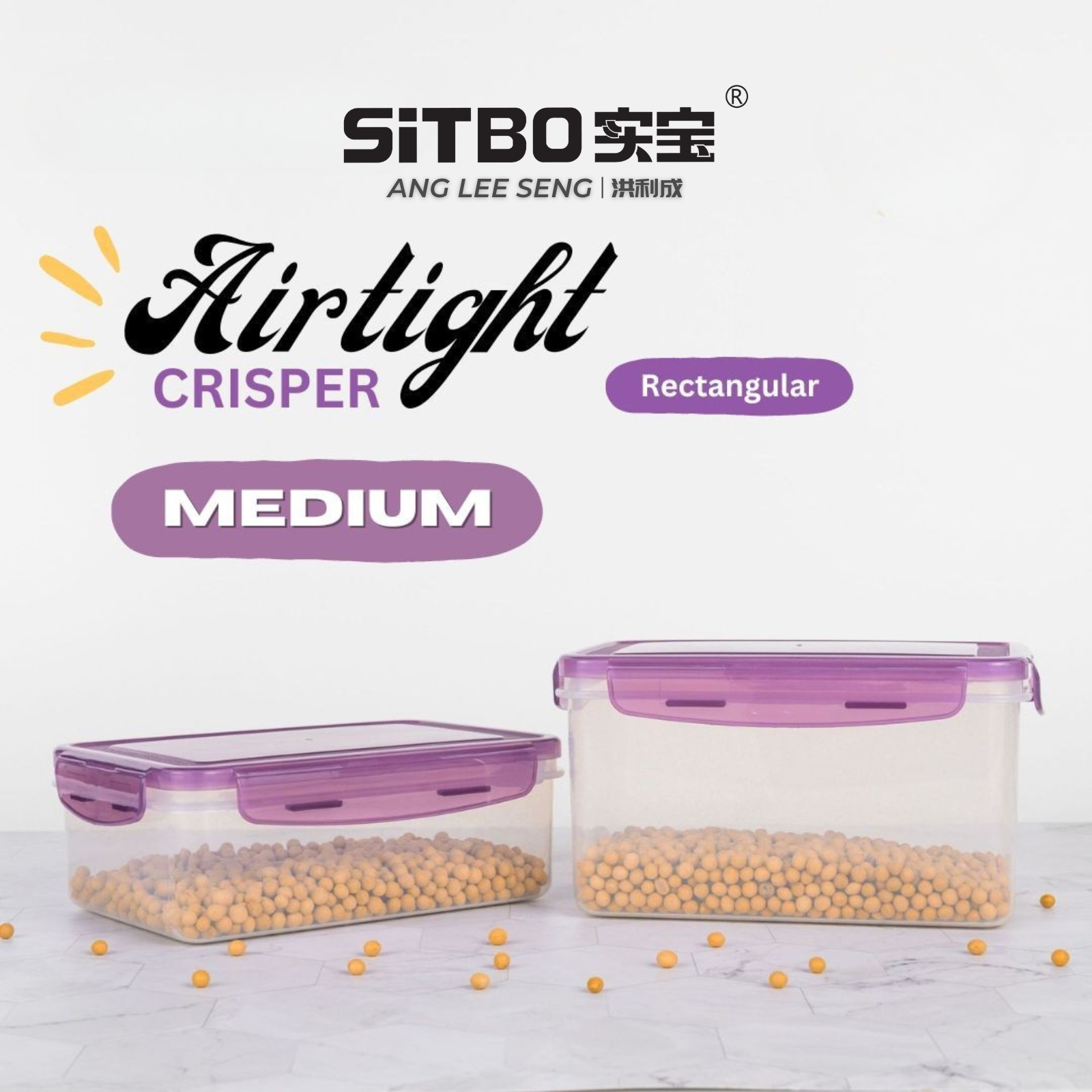 Sitbo Rectangular Airtight Crisper Food Storage Container with Locking Clips - Medium