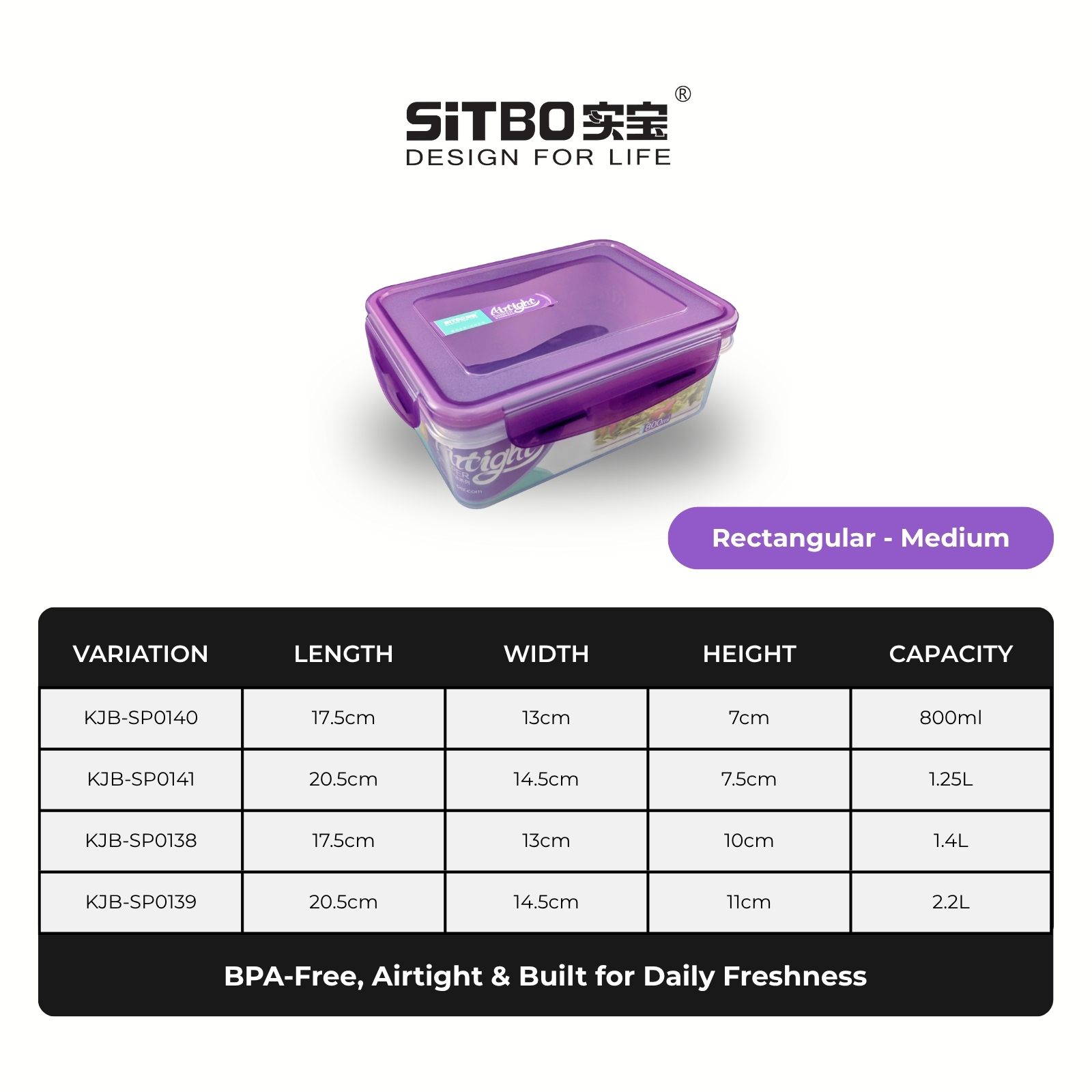 Sitbo Rectangular Airtight Crisper Food Storage Container with Locking Clips - Medium