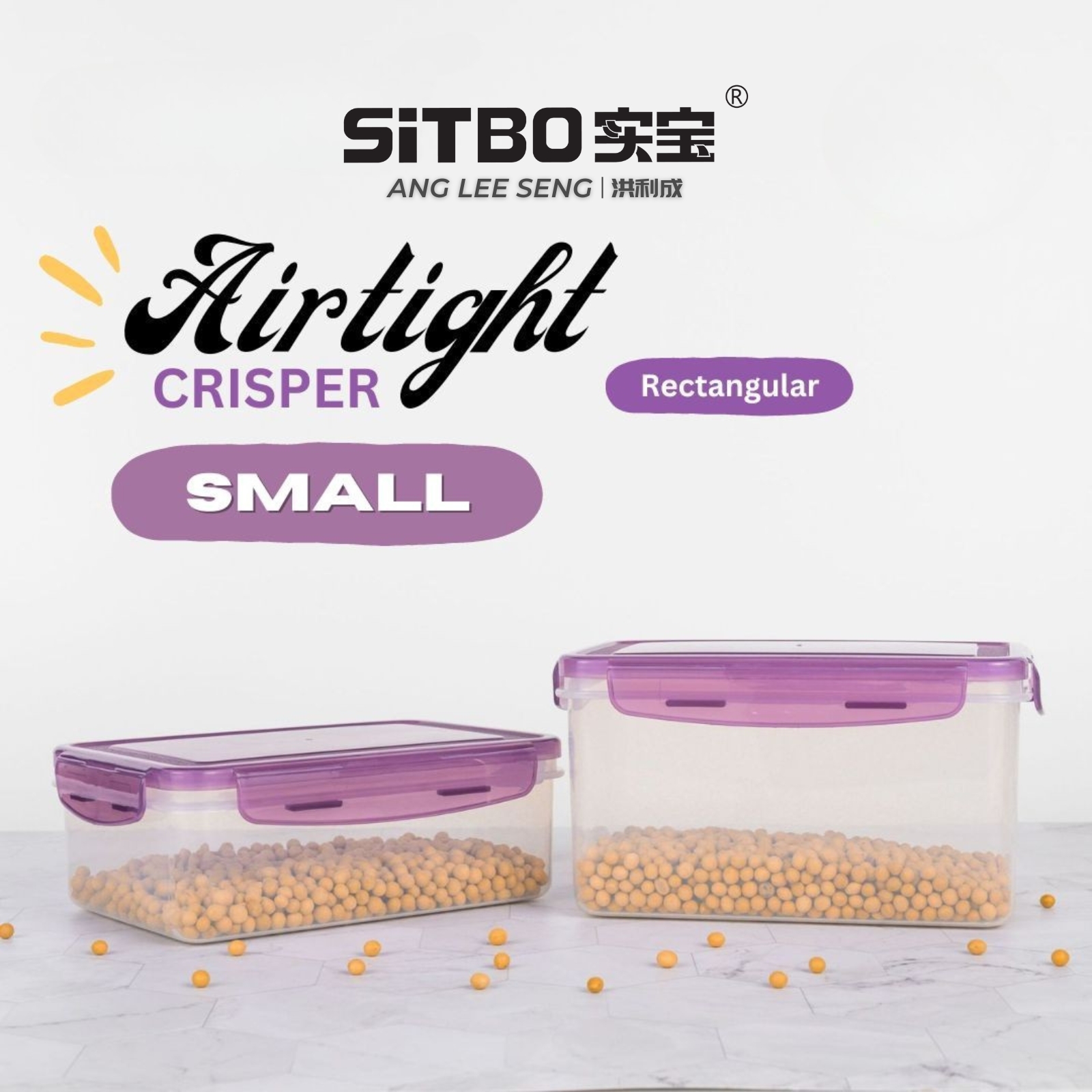 Sitbo Rectangular Airtight Crisper Food Storage Container with Locking Clips - Small