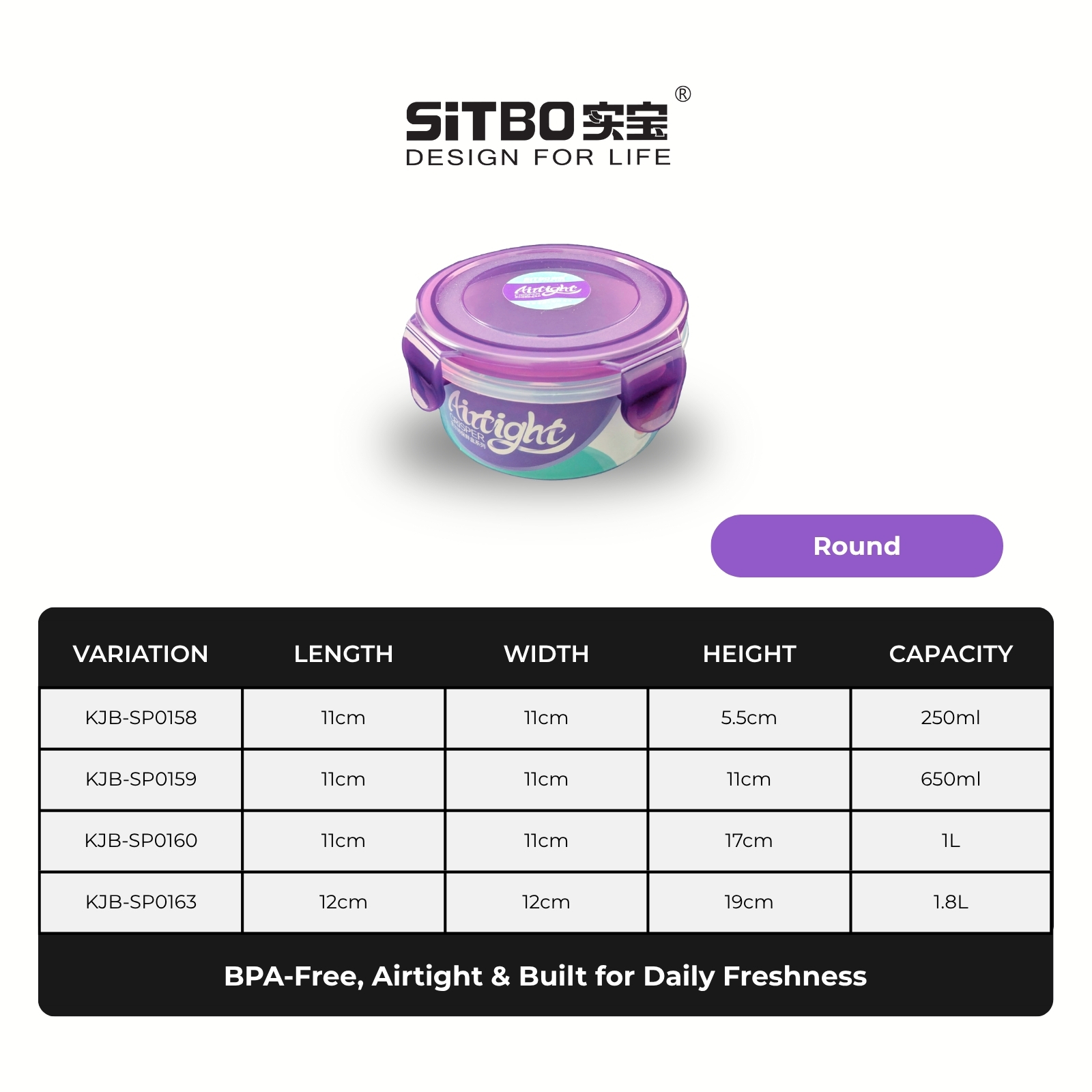 Sitbo Rectangular Airtight Crisper Food Storage Container with Locking Clips - Round