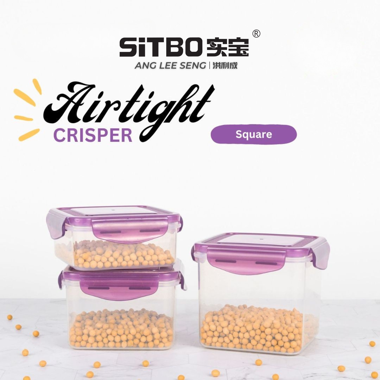 Sitbo Rectangular Airtight Crisper Food Storage Container with Locking Clips - Square