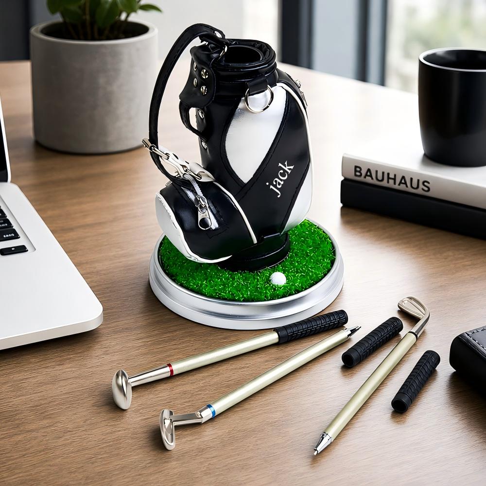 Golf Bag-Shaped Pen Holder with Golf Club-Shaped Pen Desk Accessories Gifts for Golf Lovers