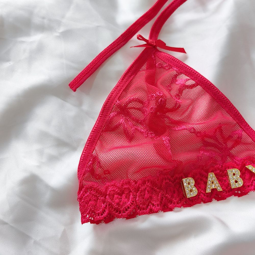 Custom Lace Underwear Set Lingerie And Thongs With Crystal Letter Name Lace Transparent Underwear Gift For Her - soufeelmy