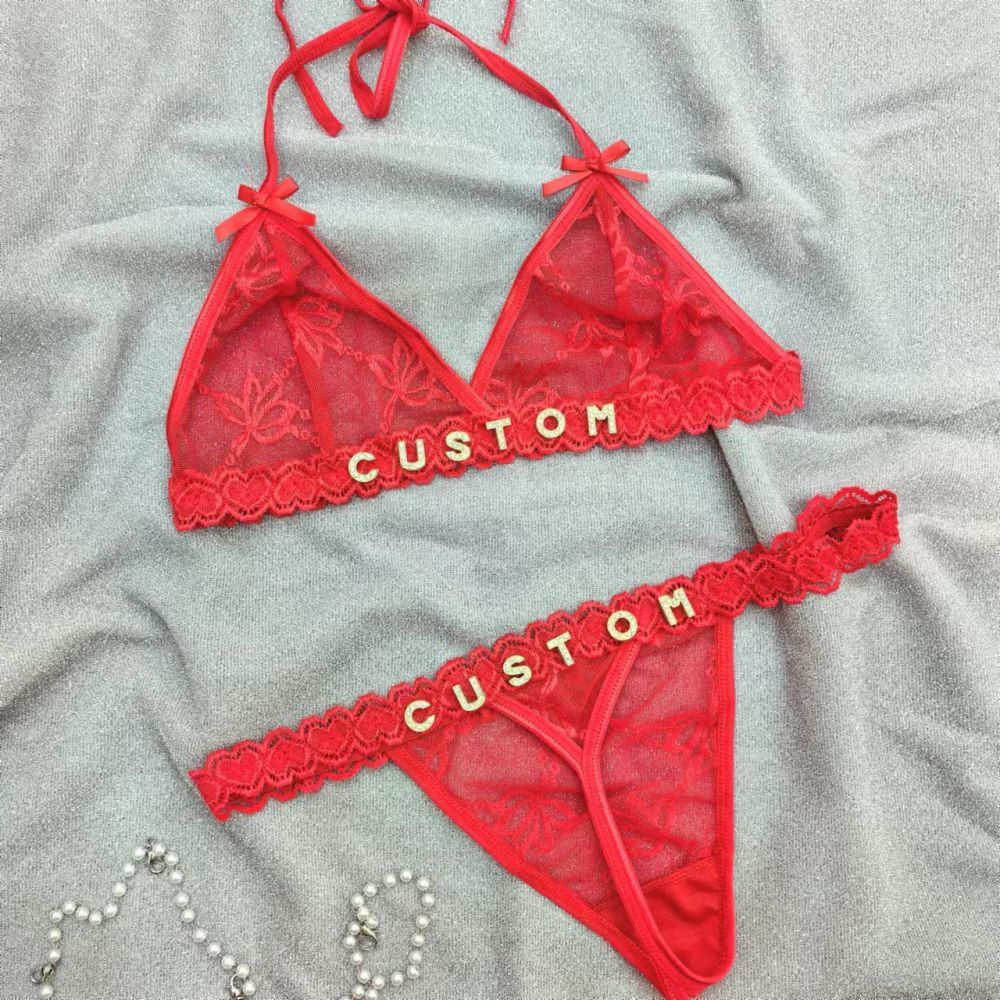 Custom Lace Underwear Set Lingerie And Thongs With Crystal Letter Name Lace Transparent Underwear Gift For Her - soufeelmy