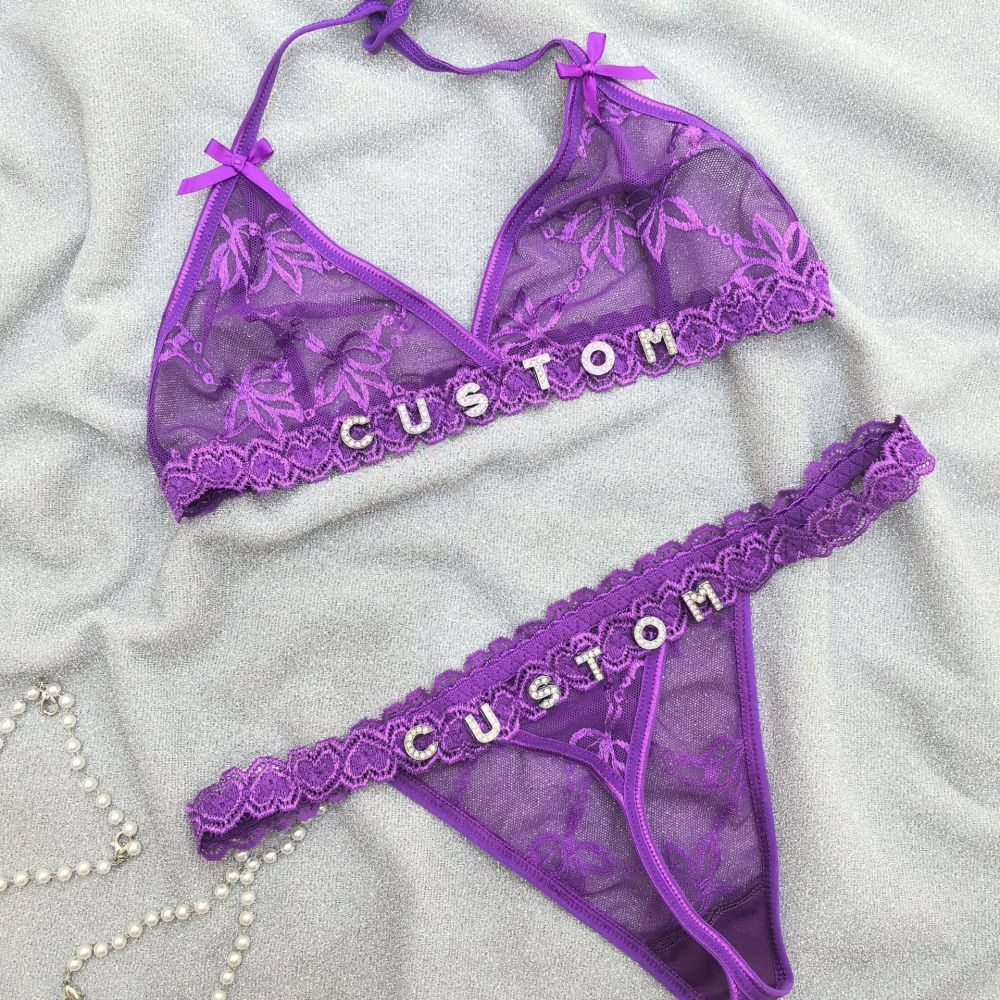 Custom Lace Underwear Set Lingerie And Thongs With Crystal Letter Name Lace Transparent Underwear Gift For Her - soufeelmy