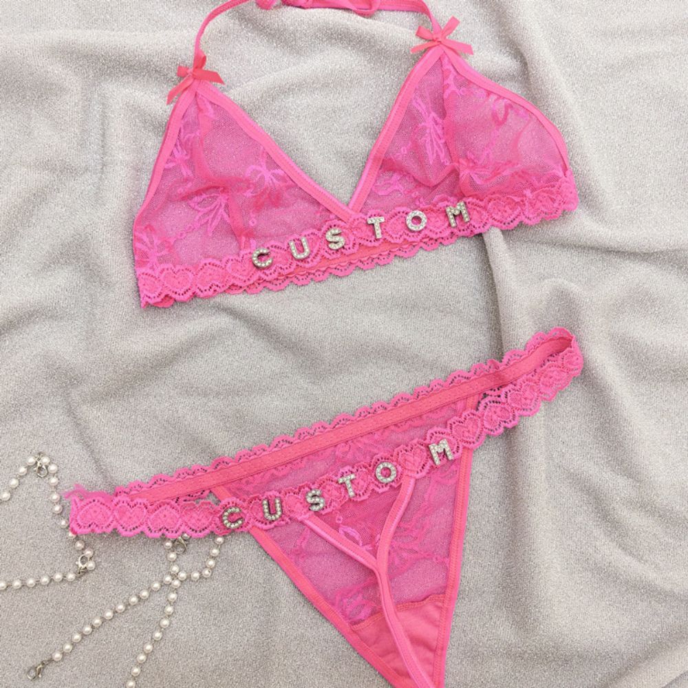 Custom Lace Underwear Set Lingerie And Thongs With Crystal Letter Name Lace Transparent Underwear Gift For Her - soufeelmy