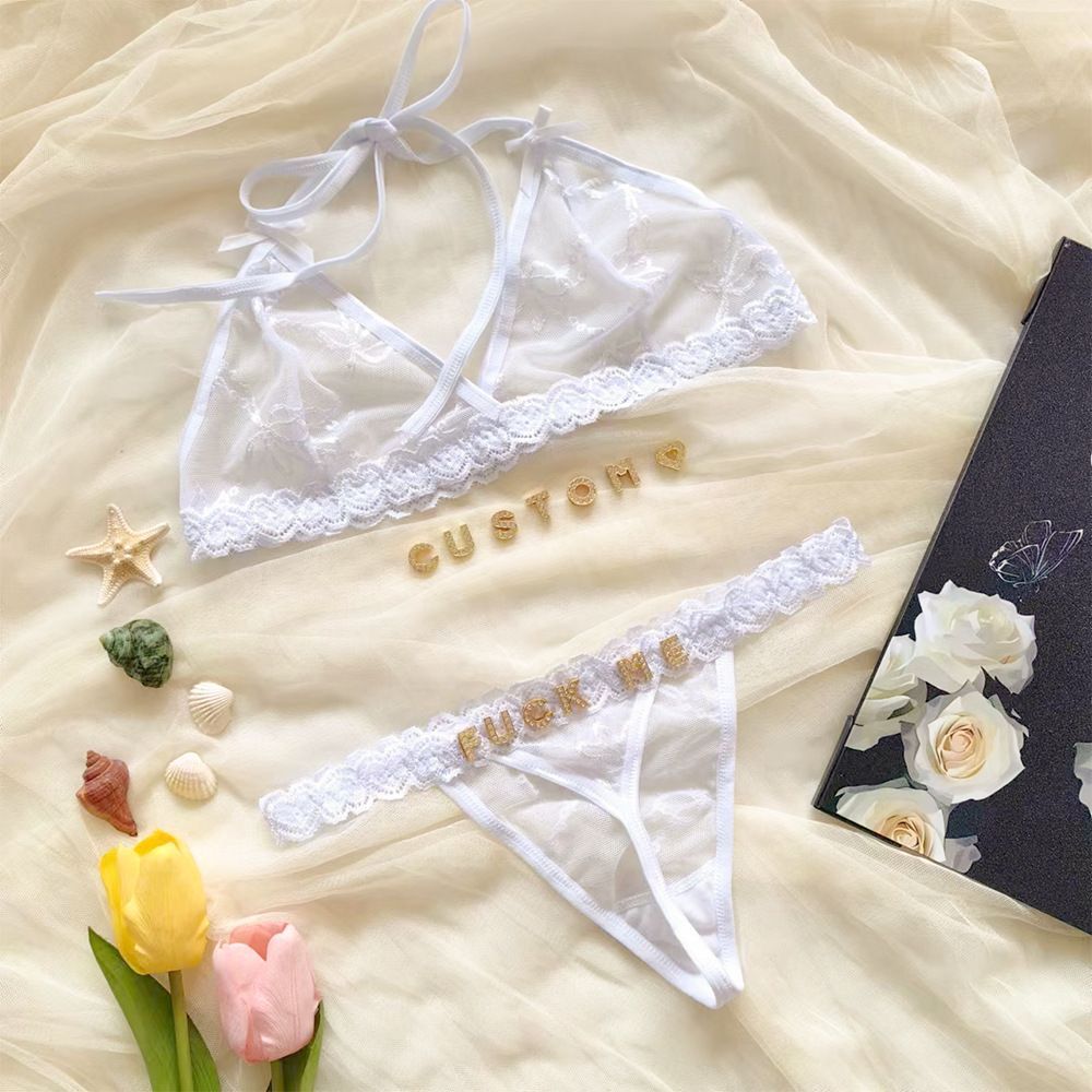 Custom Lace Underwear Set Lingerie And Thongs With Crystal Letter Name Lace Transparent Underwear Gift For Her - soufeelmy