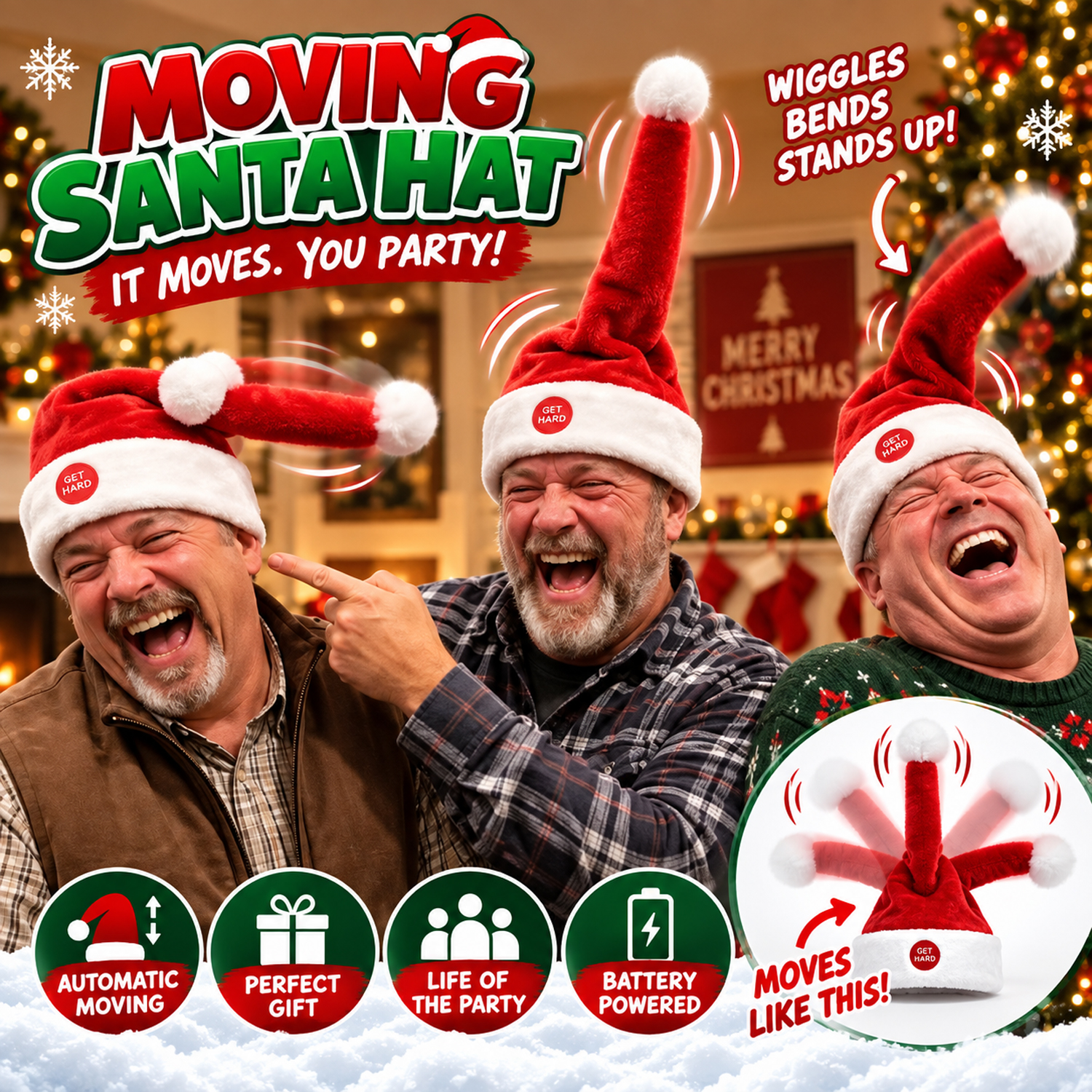 Funny Moving Christmas Hat – Bouncy Novelty Santa Party Hat with Electric Wiggling Design, Hilarious Christmas Party Accessory - soufeelmy