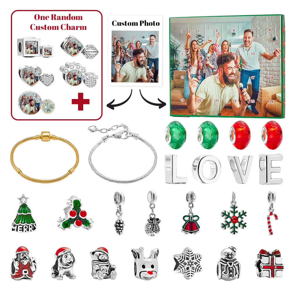 Personalized Photo Jewelry Advent Calendar Photo Charm Christmas Surprise Blind Box Bracelet 24 Calendar Countdown Gift Box Bracelet For Friend
