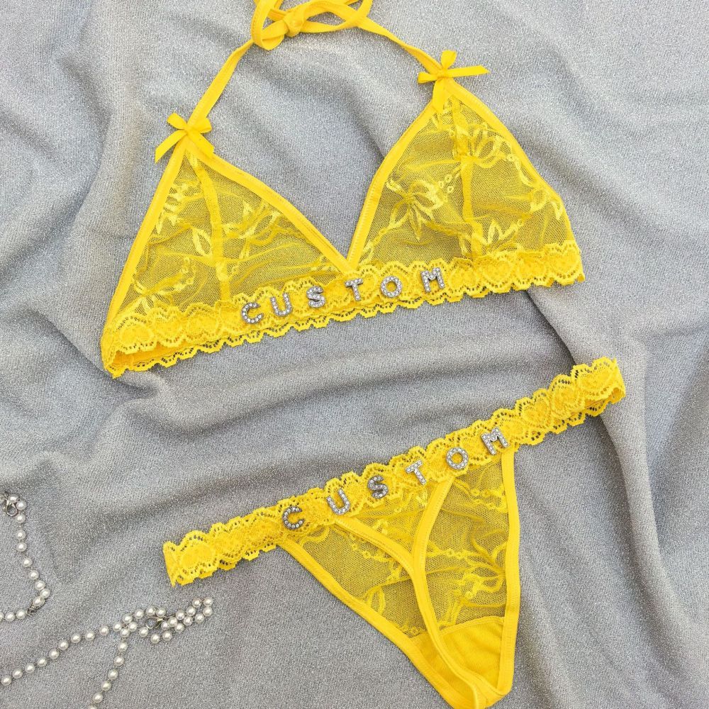 Custom Lace Underwear Set Lingerie And Thongs With Crystal Letter Name Lace Transparent Underwear Gift For Her - soufeelmy