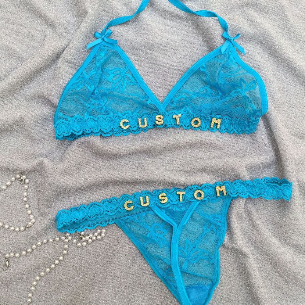 Custom Lace Underwear Set Lingerie And Thongs With Crystal Letter Name Lace Transparent Underwear Gift For Her - soufeelmy
