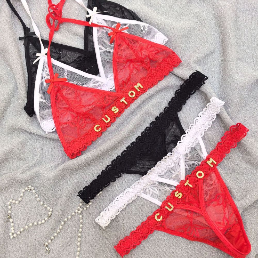 Custom Lace Underwear Set Lingerie And Thongs With Crystal Letter Name Lace Transparent Underwear Gift For Her - soufeelmy