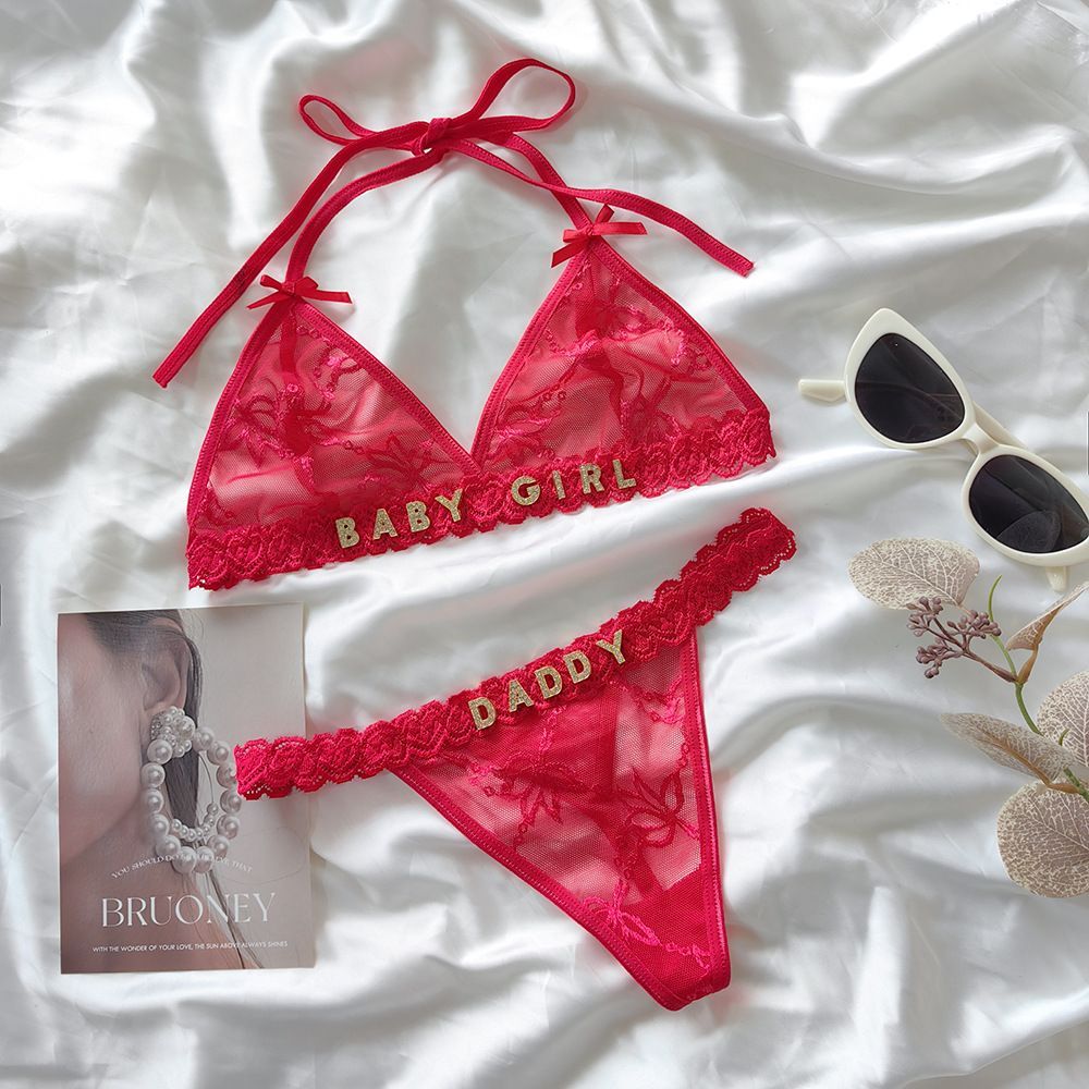 Custom Lace Underwear Set Lingerie And Thongs With Crystal Letter Name Lace Transparent Underwear Gift For Her - soufeelmy